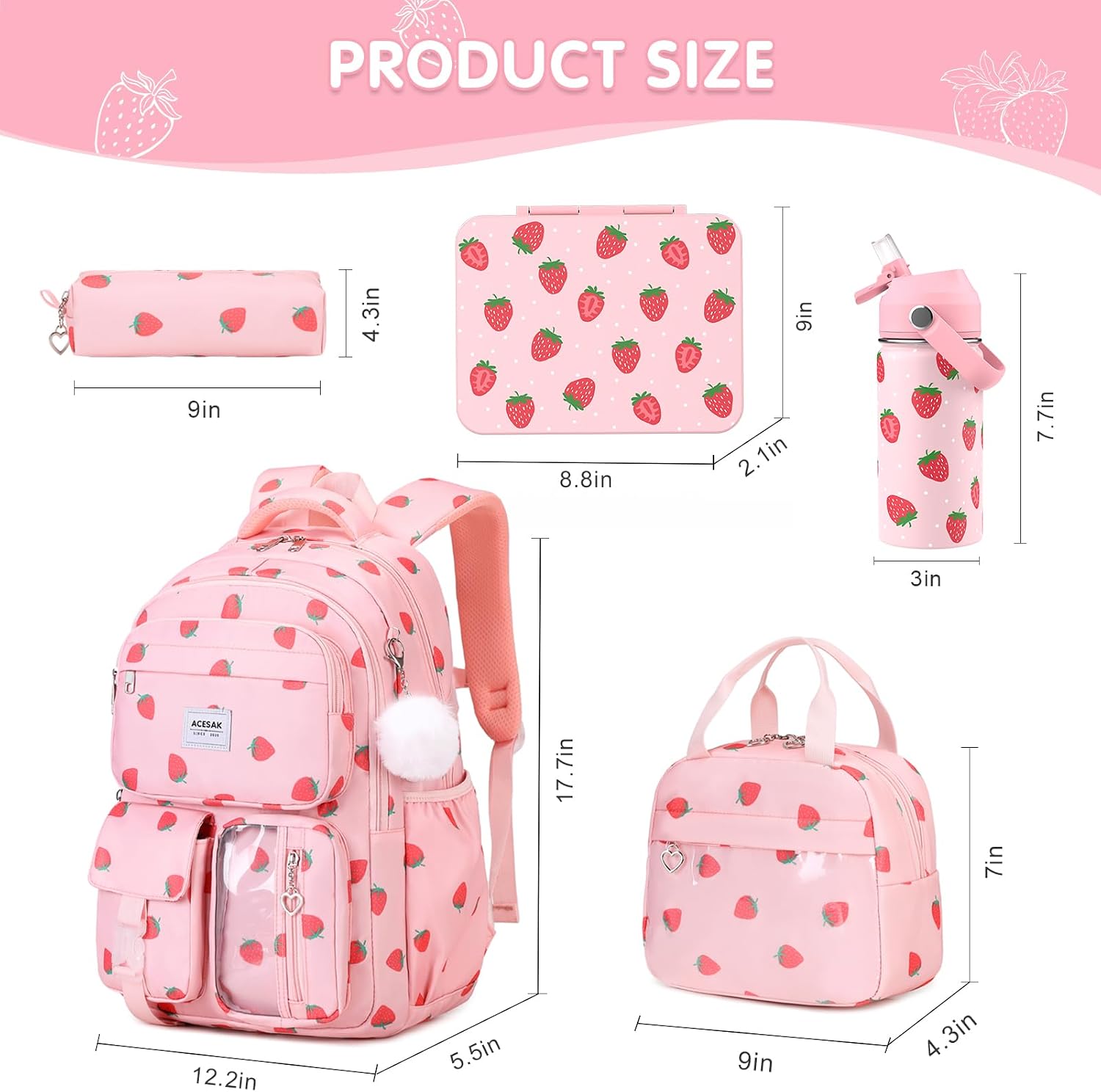 ACESAK Girls Backpack for School Set, 5PCS Laptop Backpack for Teen Women, Kids Leakproof Bento Box, Insulated Water Bottle, Lunch Bag & Pencil Pouch, Back To School Gift (Pink Strawberry)