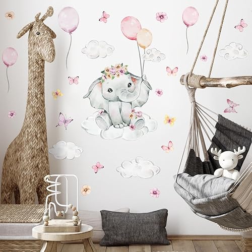 Miniatura 5 de Lindas calcomanías de pared de elefante rosa, calcomanías de pared de elefante rosa acuarela, calcomanía de pared de globo rosa acuarela, calcomanía