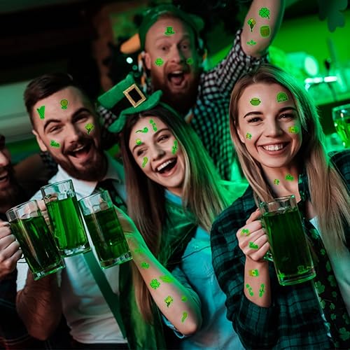 St. Patricks Day Luminous Tattoo Stickers for Kids,10 Sheets Waterproof Temporary Face Tattoo Sticker, Saint Patrick's Day Decorations for Party Supplies, Irish Shamrock Mixed Styles Glow Accessories