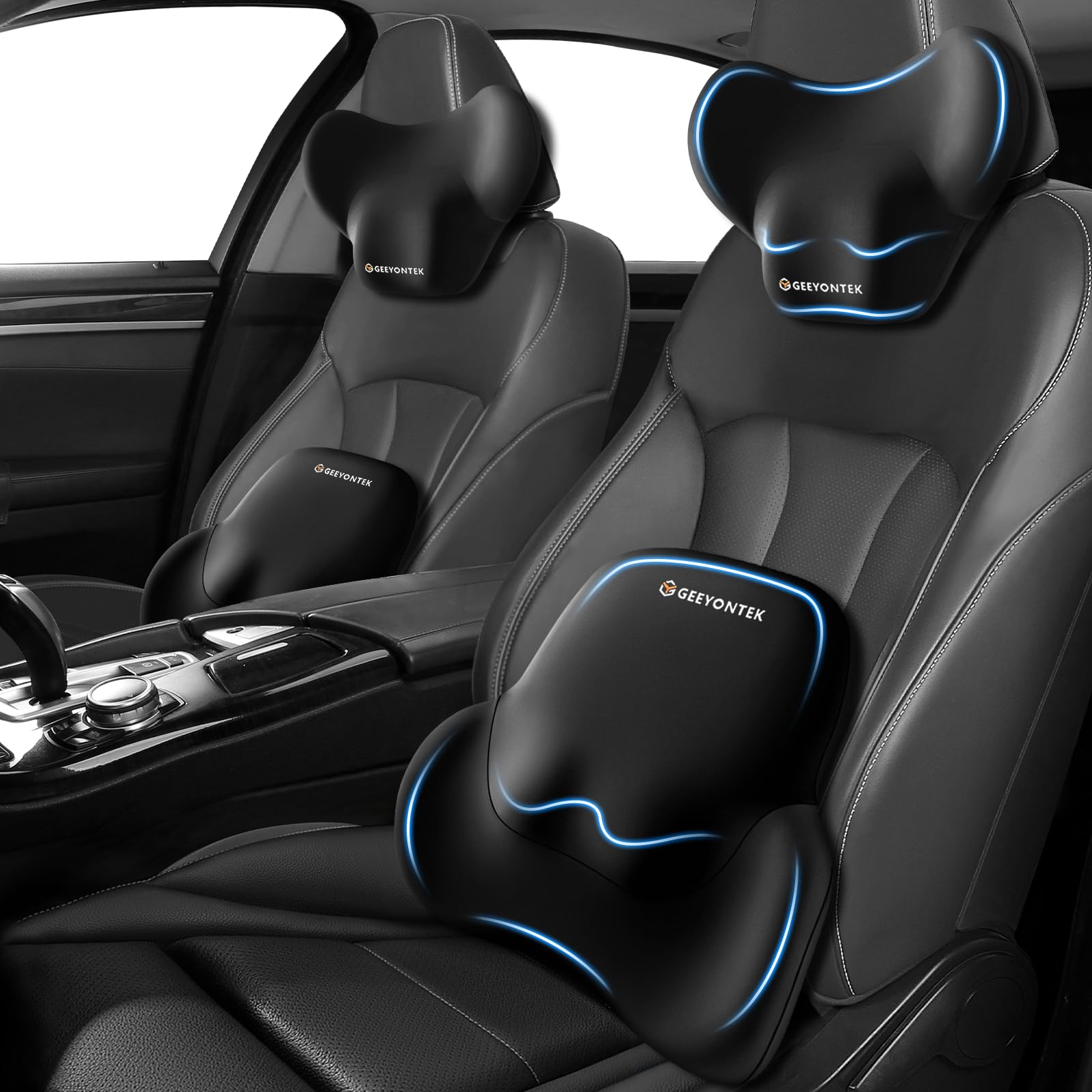 Photo 1 of GEEYONTEK Car Seat Cushion with Neck Pillow & Lumbar Support Kit Back Sciatica Tailbone Pain Relief Car Pillows Ergonomic Memory Foam Back Support for Driving Seat Office Chair Wheelchair Black