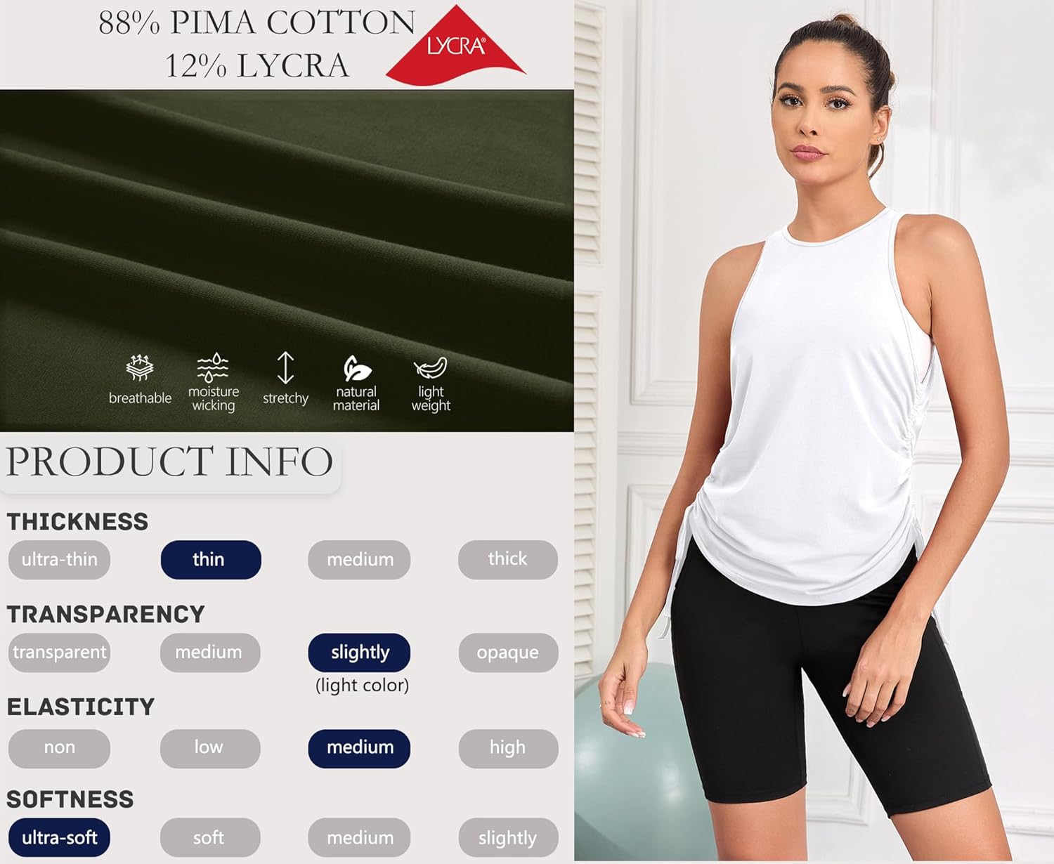 Pima Cotton Workout Tops for Women Drawstring Ruched High Neck Yoga Tops Sleeveless Athletic Running Tank Tops