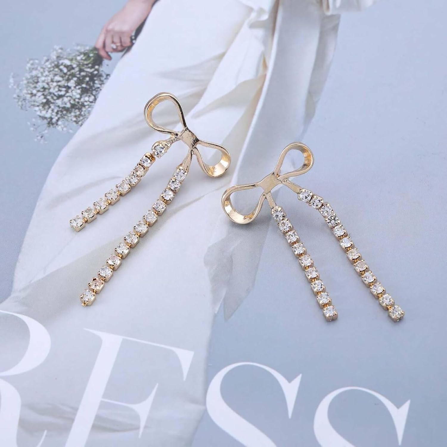 Andelaisi Boho Tassel Bow Earrings Rhinestone Chain Tassel Earrings Shine Crystal Chain Drop Earring Sparkly Chandelier Statement Earring for Women - Image 6