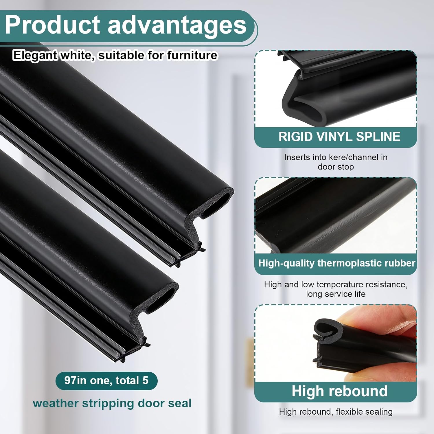 Yuntau 5 Pack 97 Inch Rubber Weather Stripping Seal for Kerf Channel Doors, Black Door Seal for Top & Sides, Blocks Wind, Water, Rain & Dust, Easy Slotted Installation