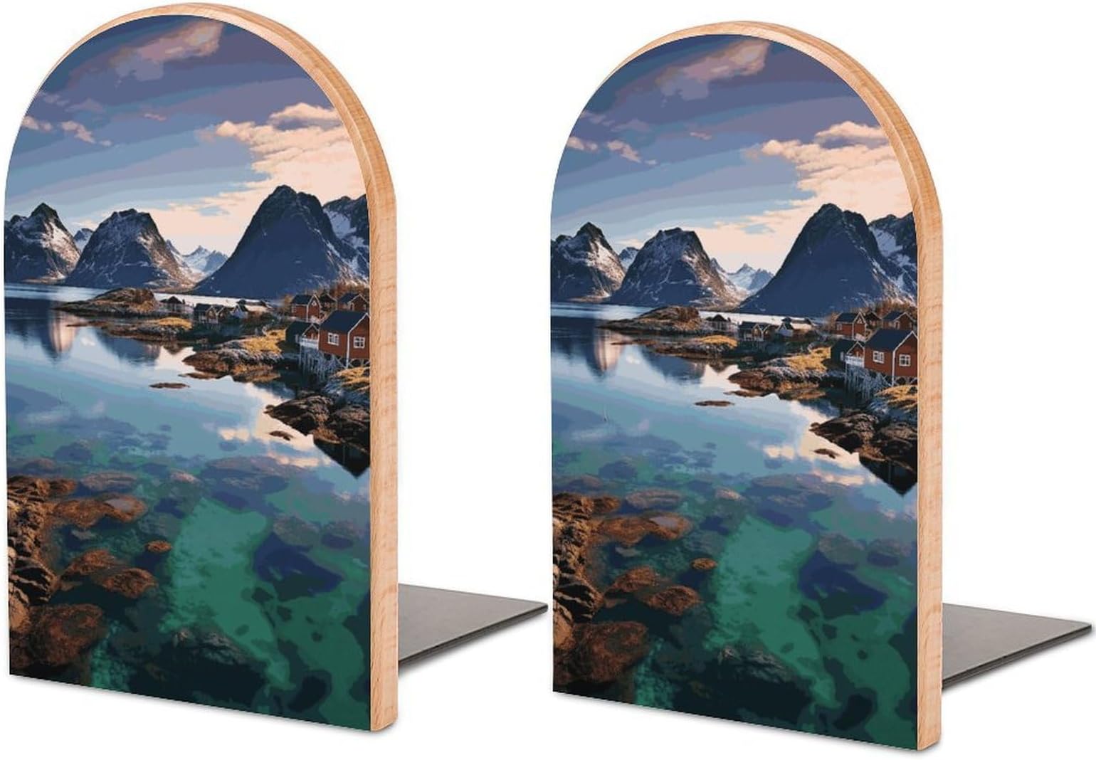 Norway Islands Wood Bookends 1 Pair - 3.1" W X 5" H Non-Skid Book Ends for Shelves, Heavy Duty Wood & Metal Book Stoppers for Home Office Library Desk Organization