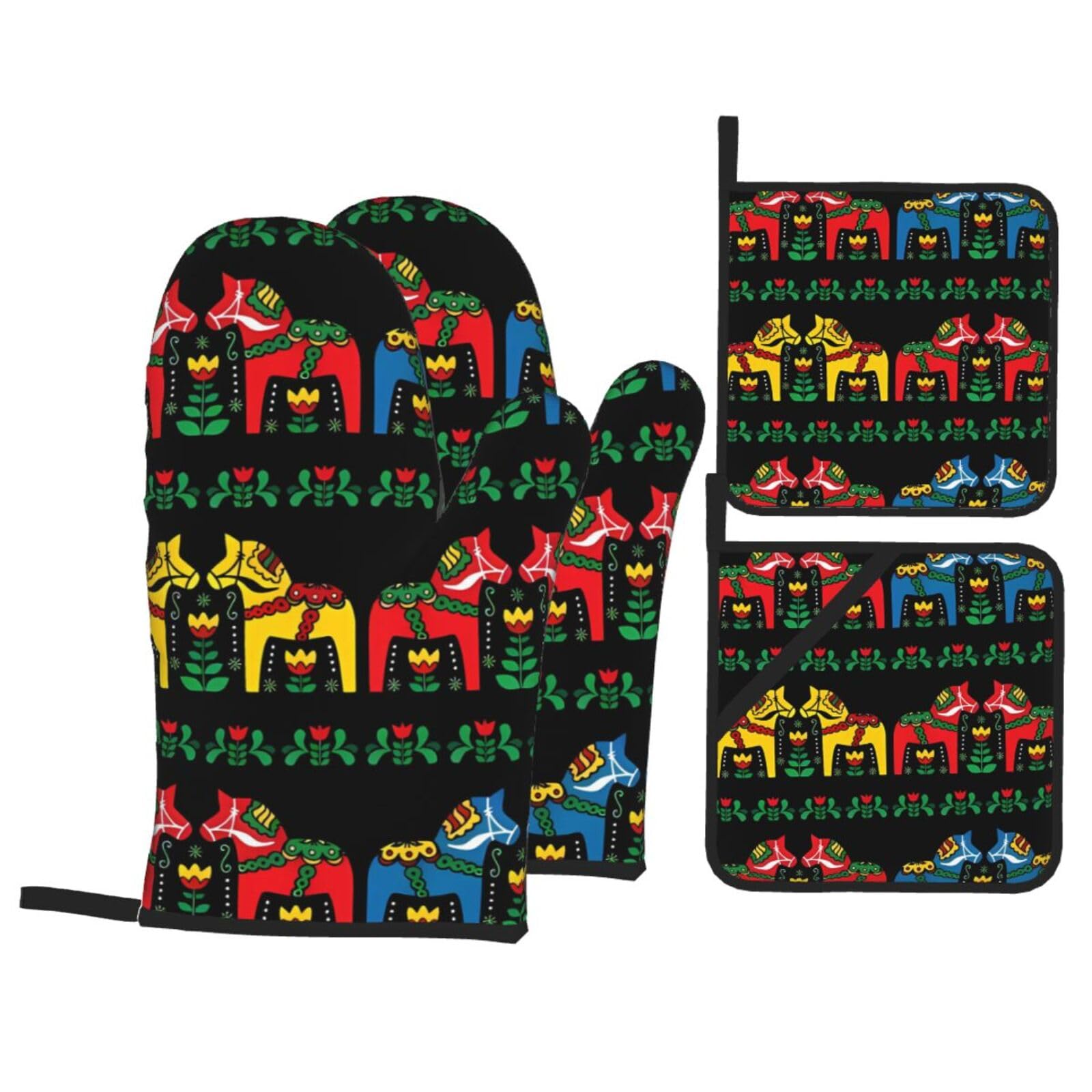 HJFCZH Runner Swedish Dala Horse Folk Prints Kitchen Covers: Waterproof Oven Layers for Safe Cooking & Easy Cleanup - 4 Piece Heat Protection Set