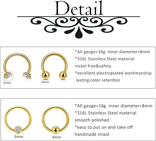 Miniatura 4 de Jovivi Aretes de labio de acero inoxidable 16G Monroe Labret, aretes para cartílago, tragus, nariz, aro para lóbulo, daith, rook, hélix, aretes para