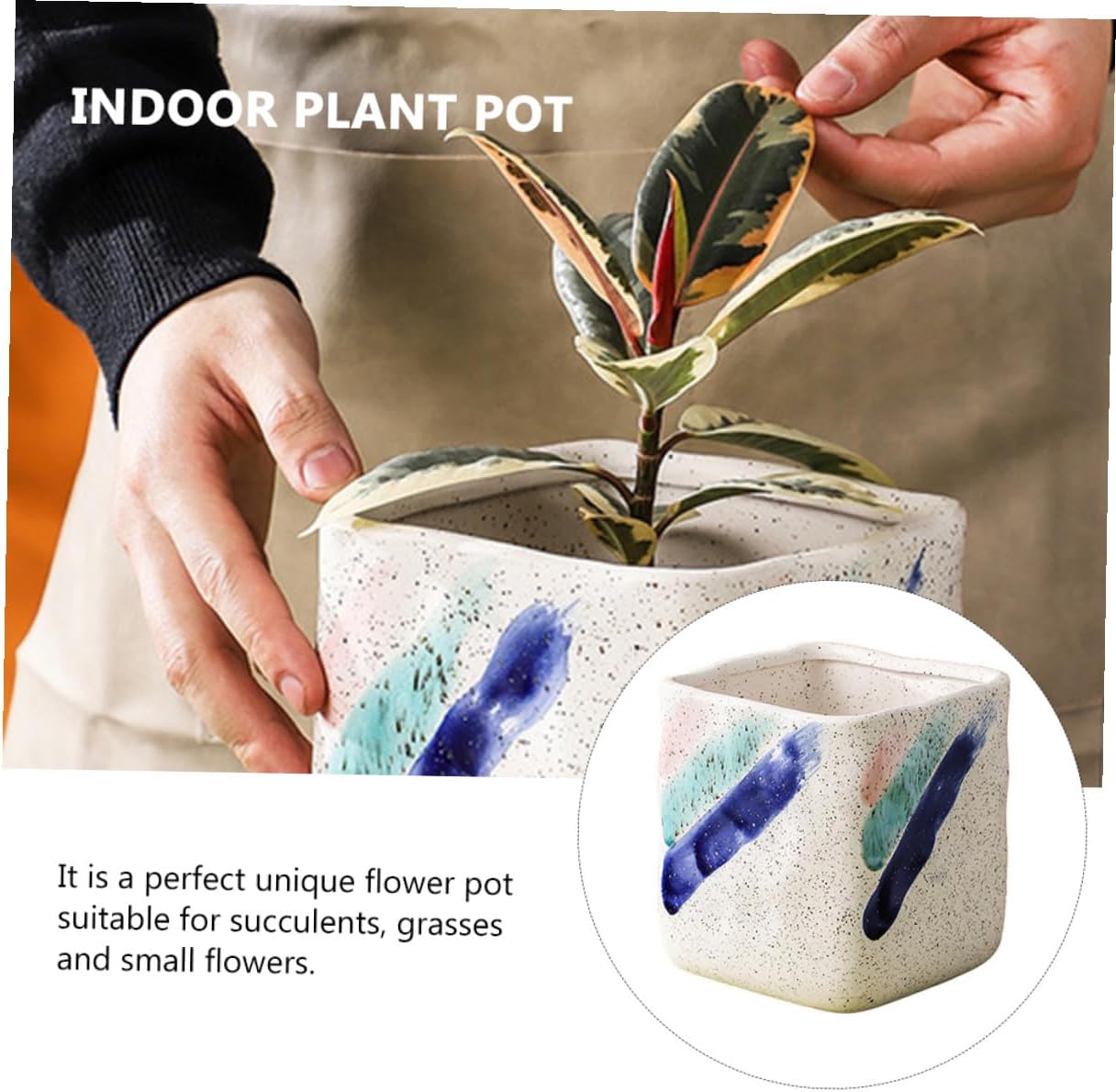 UPKOCH Ceramic Indoor Plant Pots Small Square Flower Planter for Balcony Desktop with Hand-Painted Design Medium Size Decorative Garden Container