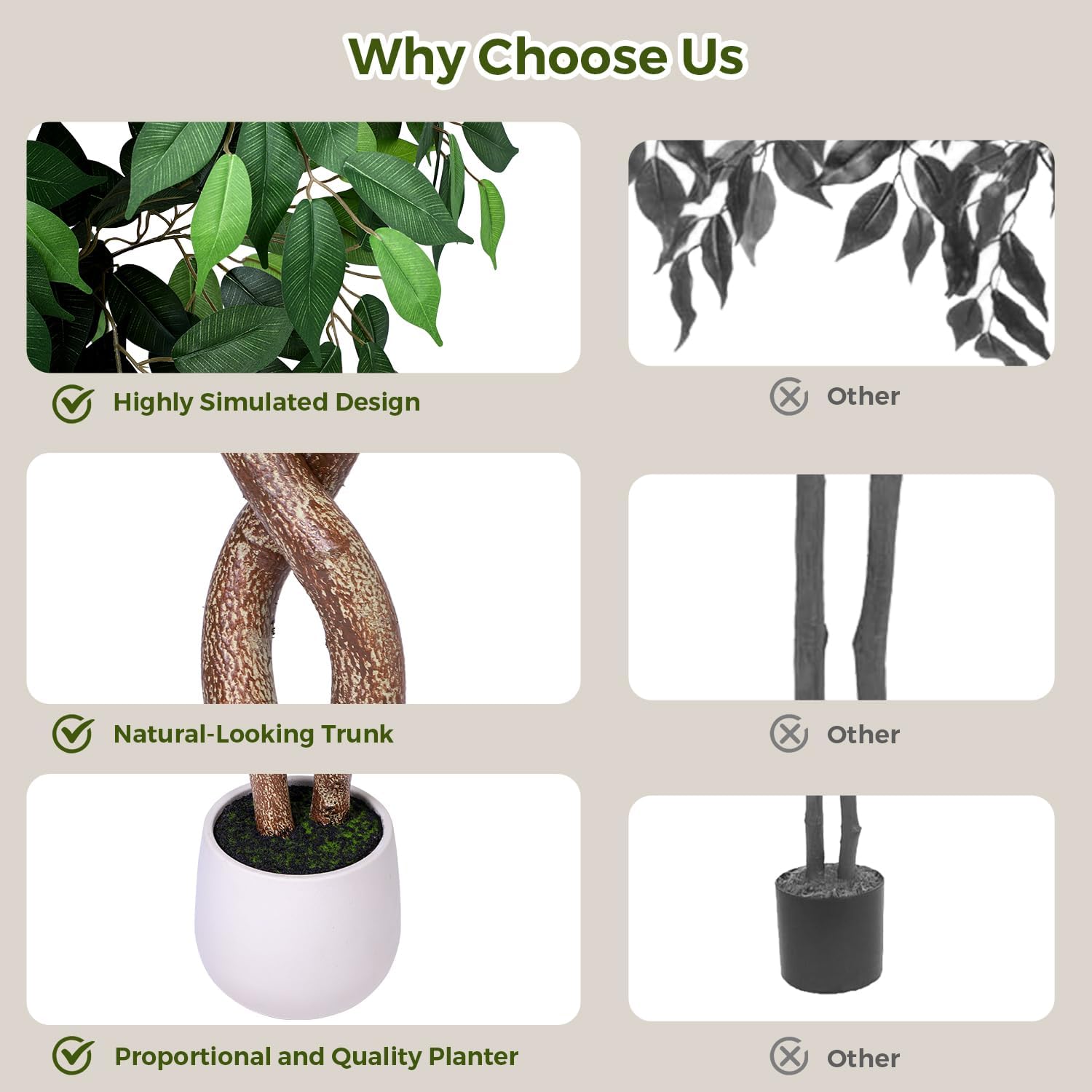 6FT Artificial Ficus Tree, Tall Faux Trees Indoor with White Planter, Dried Moss, Natural Silk Leaves & Trunk, Fake Plants for Home Living Room Office Corner Decor Housewarming Gift - Image 9