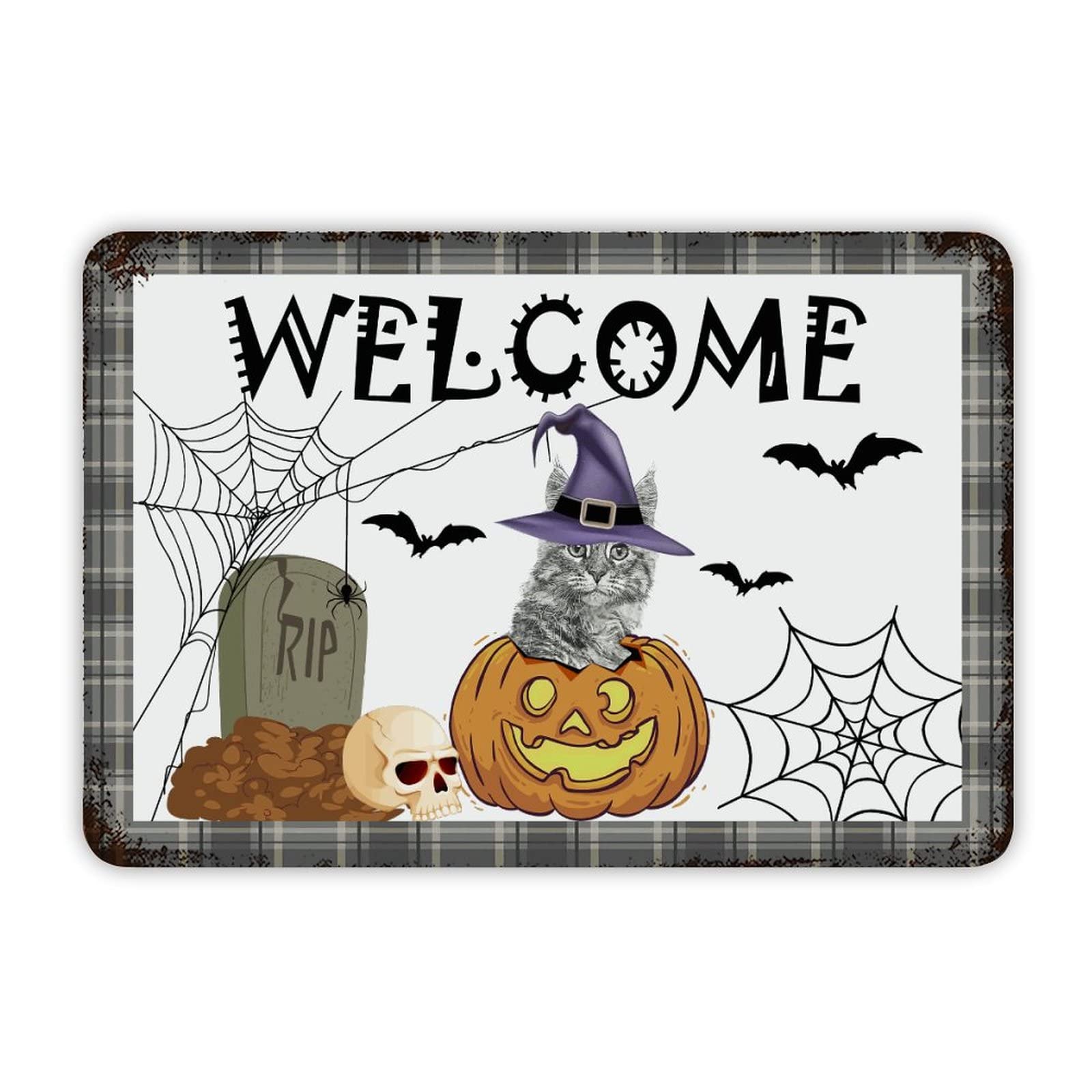 ENEDNATE Happy Halloween Witch Hat Cat Pumpkin Welcome Aluminum Tin Metal Sign for Indoor Outdoor Business Retail Store Patio Yard Home Decoration Easy to Mount Wall Art Print Poster 8x12 Inch