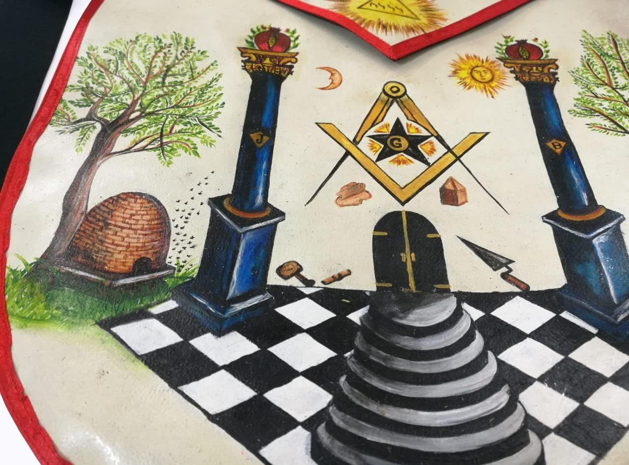 BRICKS MASONS Hand-Painted Apron - Lambskin The Two Pillars of Jachin and Boaz