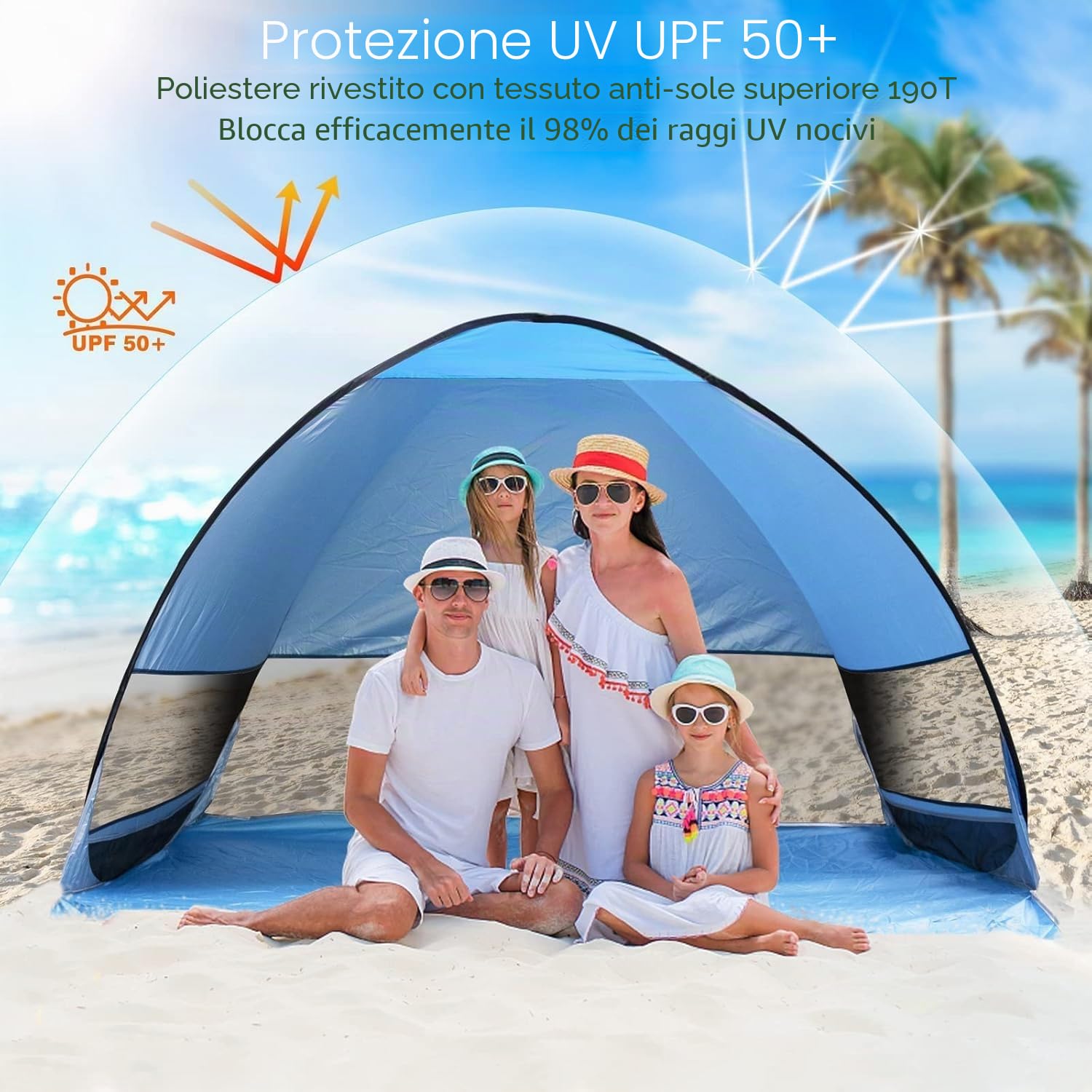 Tenda da spiaggia CHWUYI, portatile, extra leggera, automatica, UPF 50+, per 3-4 persone, ideale per spiaggia, campeggio, escursioni, giardino