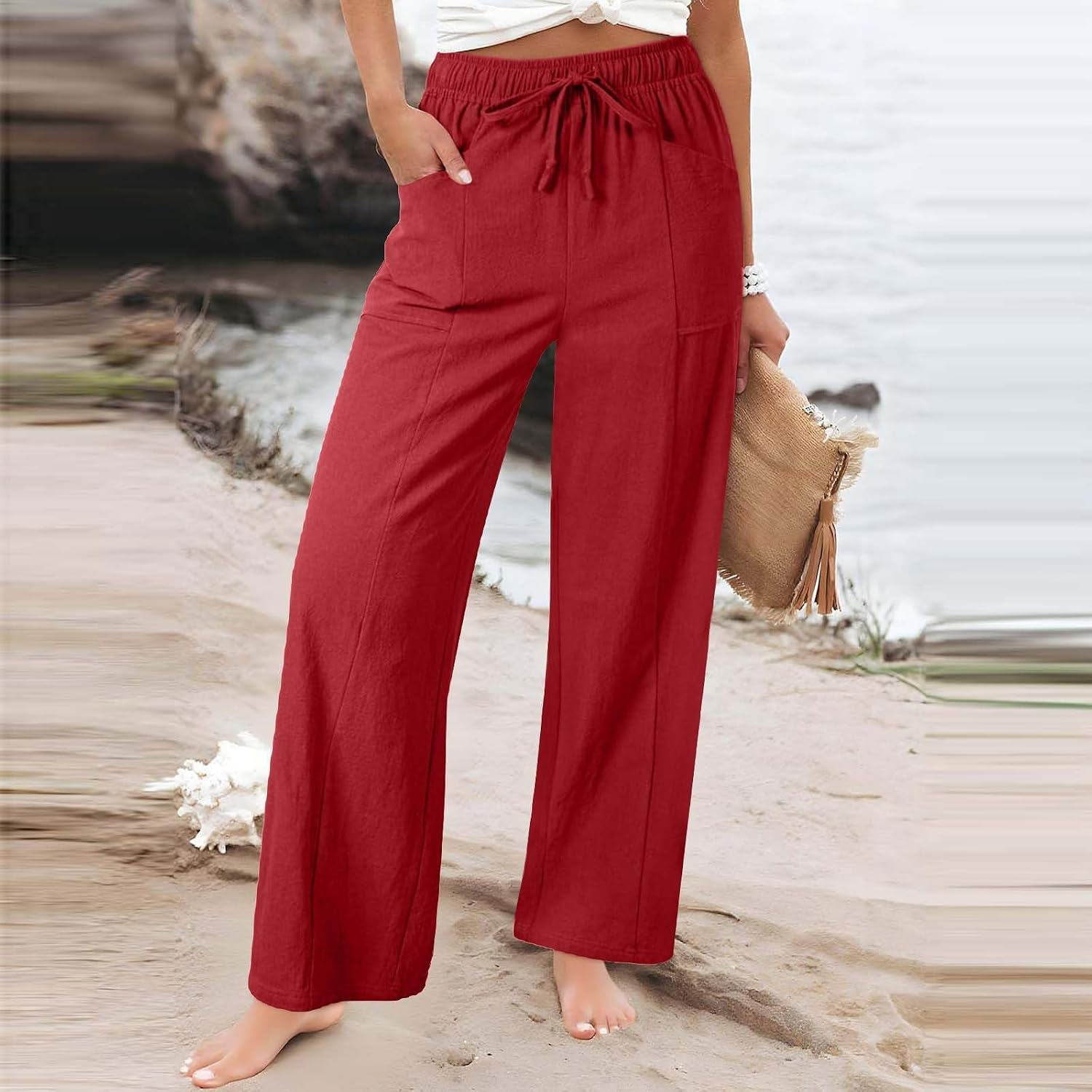 Elastic Waist Flowy Linen Palazzo Trousers, Long Wide-Leg Casual Pants with Storage Pockets for Women Summer Wear