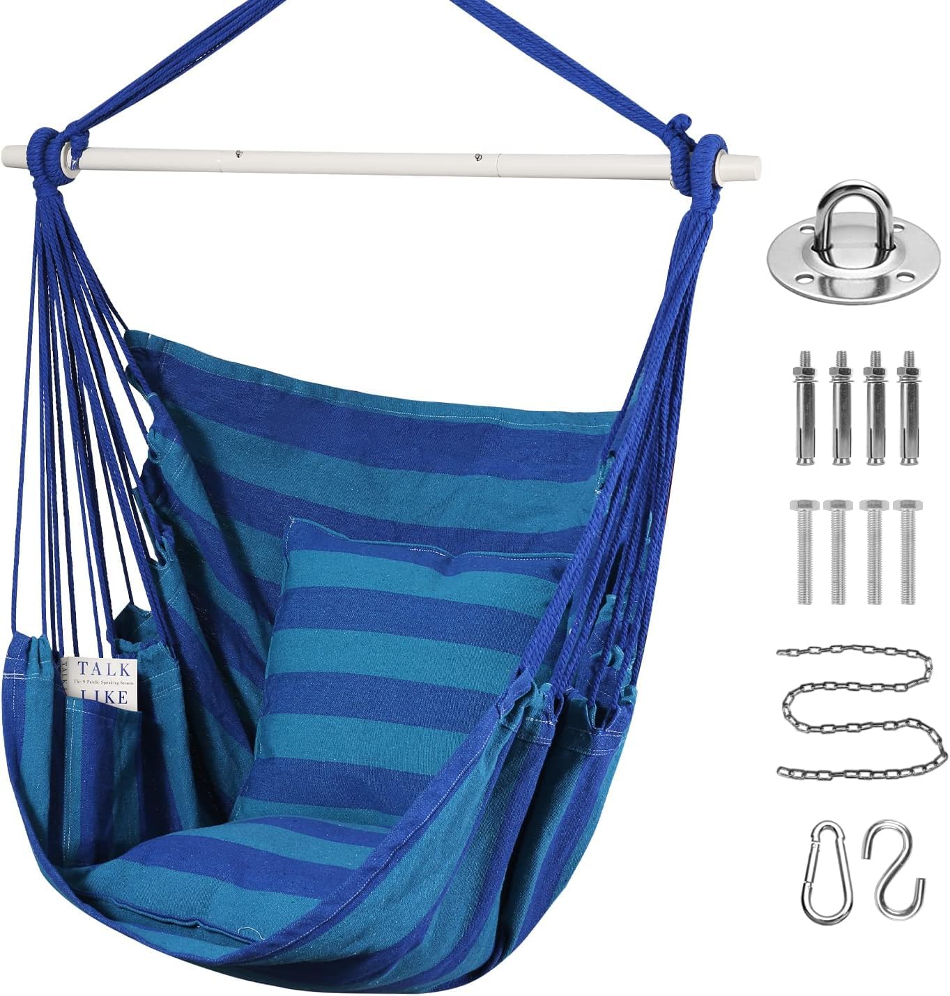 Goutime Hammock Chair Swing with 2 Seat Cushions Pillows, Hanging Chair with Detachable Metal Support Bar,Swing Chair with Carry Bag,Hanging Chair for Bedroom/Outdoor,Maximum 330 Lbs (Blue Stripe)