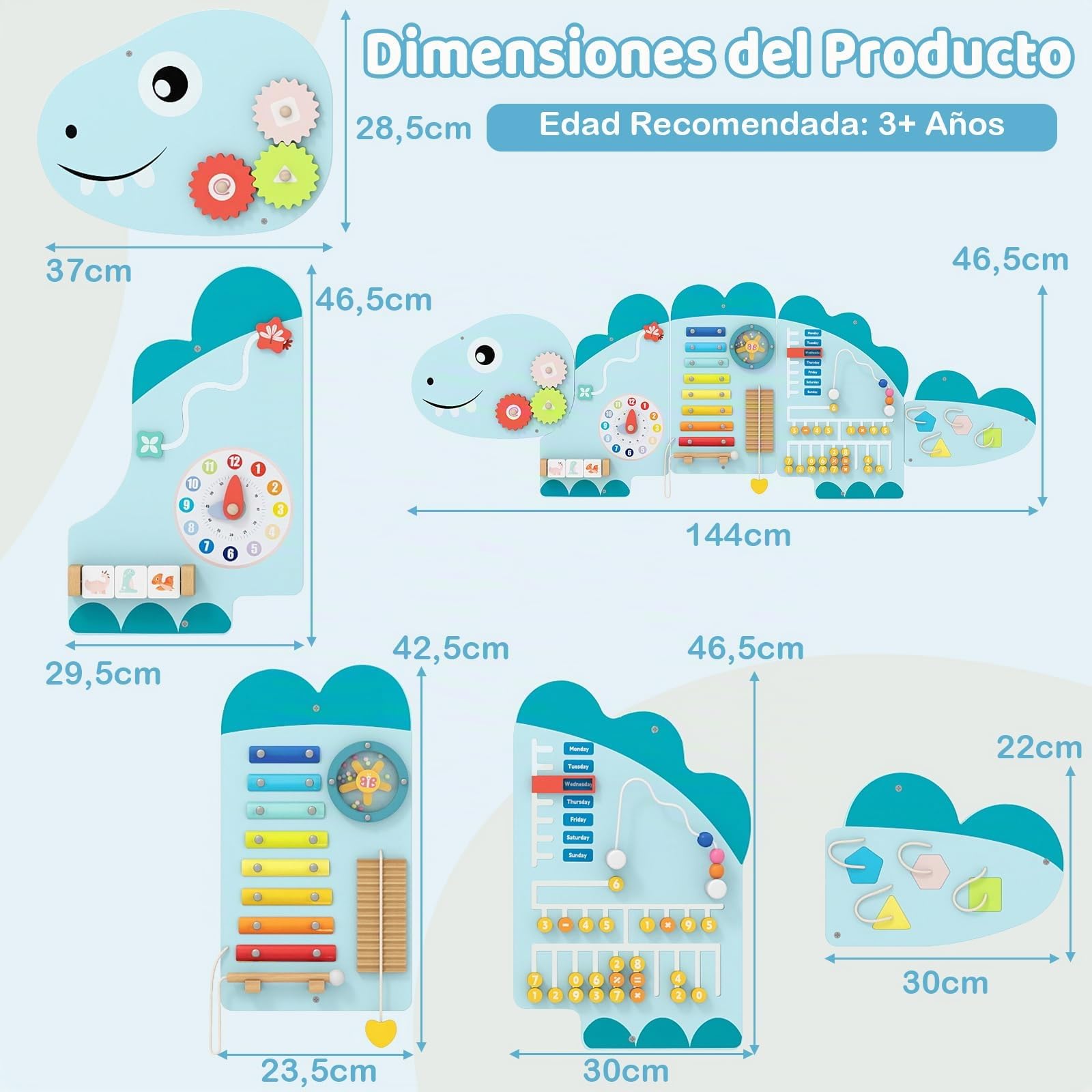 GOPLUS Paneles de Actividades para Pared de Dinosaurios, Centro de Actividades Educativas 11 en 1 para la Educación Temprana, Juguetes Sensoriales Montessori de Madera para Sala de Juegos (Azul)