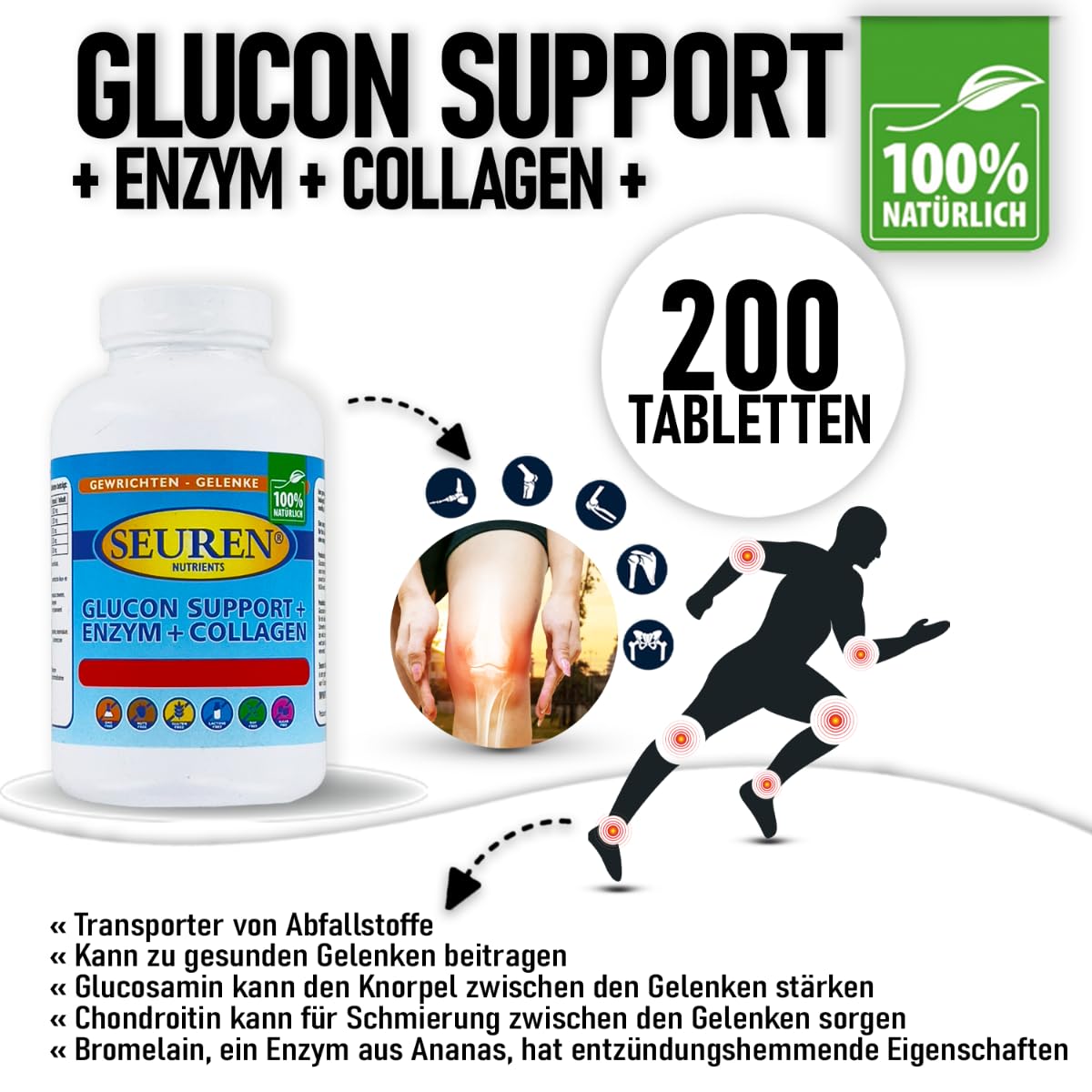 Seuren Nutrients | Glucon support + Enzym + Collagen 200 Tabletten | Glucosamin | Glutenfrei | Laktosefrei | Zuckerfrei | 100% natürlich