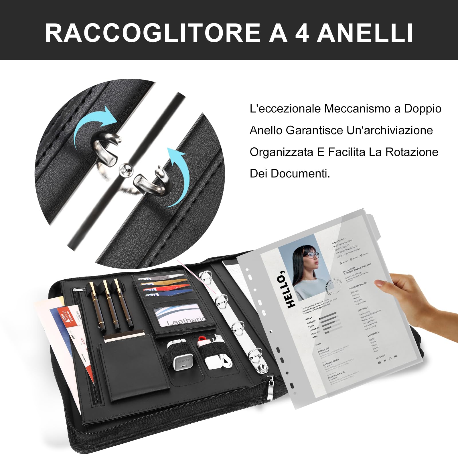 Leathario Cartella Portadocumenti A4 Pelle Vegana con Maniglia Quaderno Raccoglitore ad Anelli per Colloqui Viaggi Riunioni