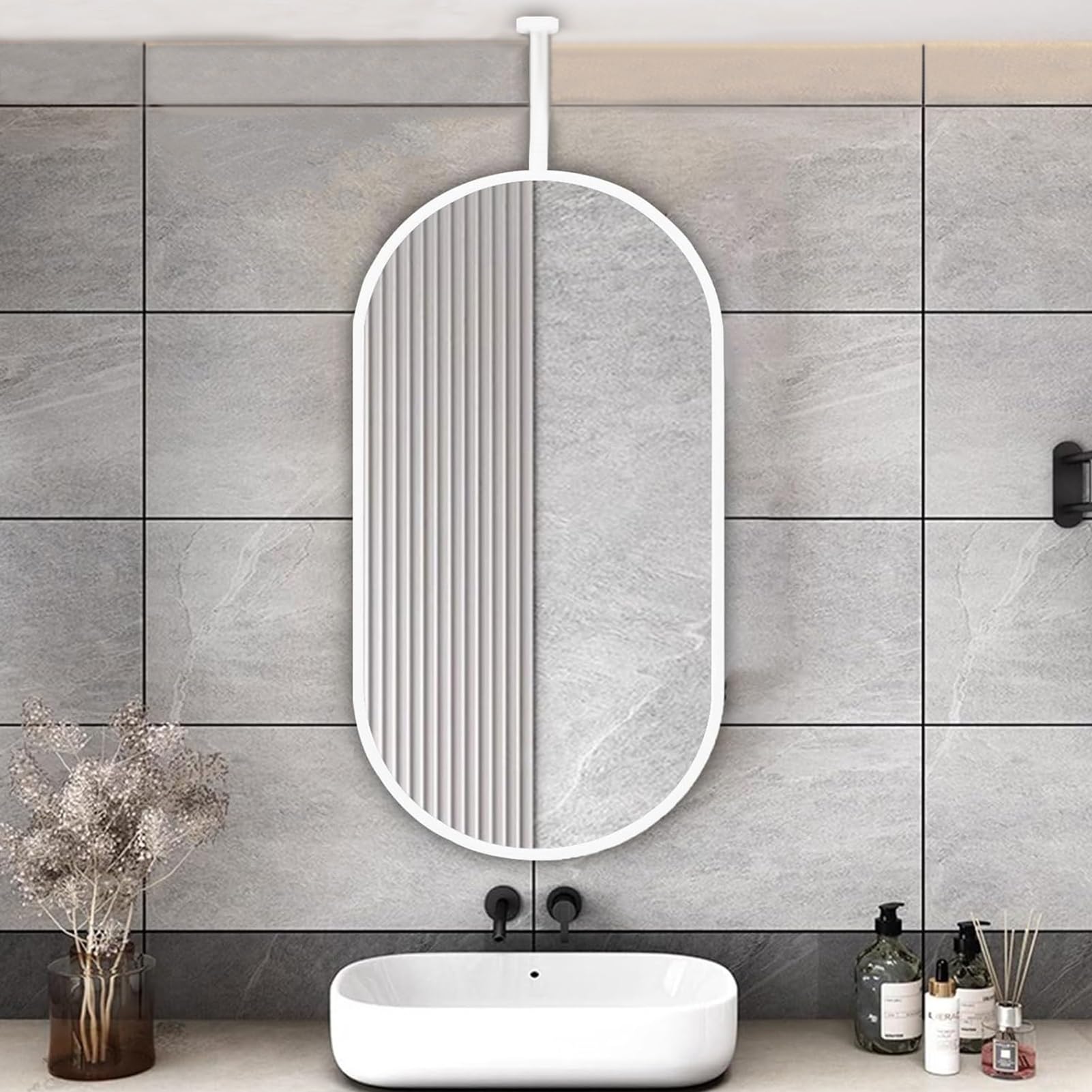 FGXHHS White,Ceiling/Hanging/Floating Rod Mirror with Metal Frame, Decorative Oval Vanity for Bedroom - Boom Can Be Customizable (Size : 50cmx70cm)