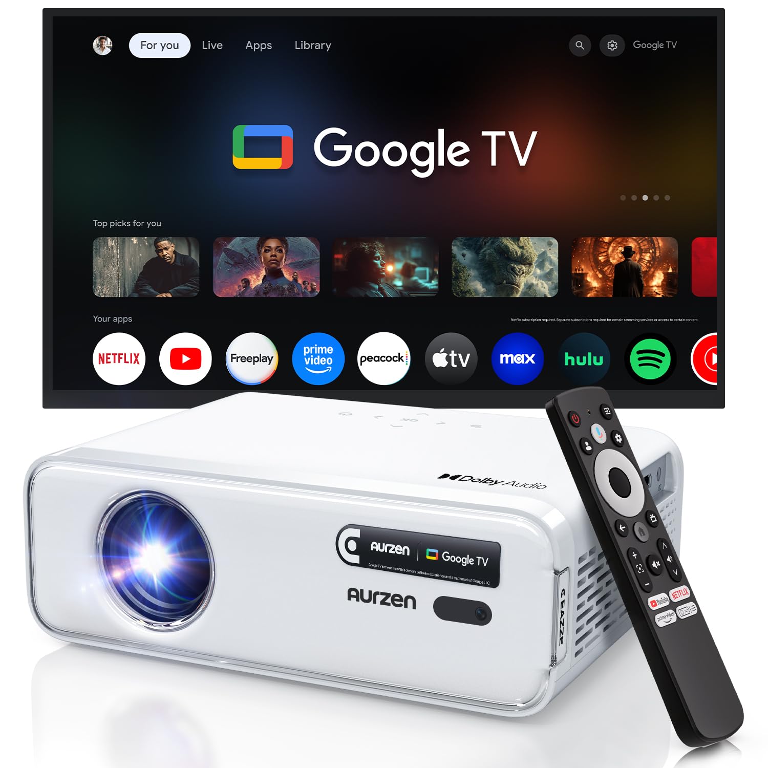 EAZZE D1G Official Google TV 4K Supported Smart Projector with WiFi & Bluetooth, Auto Focus & Keystone, Dolby Audio, Native 1080P Portable Mini Movie Projector for Home & Outdoor