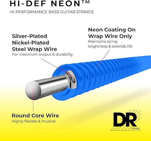 Miniatura 2 de DR Strings NBB5-45 Cuerdas de bajo de 5 cuerdas de color azul neón de alta definición, medianas, 45-125