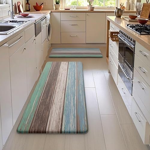 Miniatura 37 de MAYHMYO Juego de 2 tapetes de cocina antifatiga, diseño de mármol y azul, alfombrillas acolchadas y antideslizantes Azul,Azul y dorado,Marrón