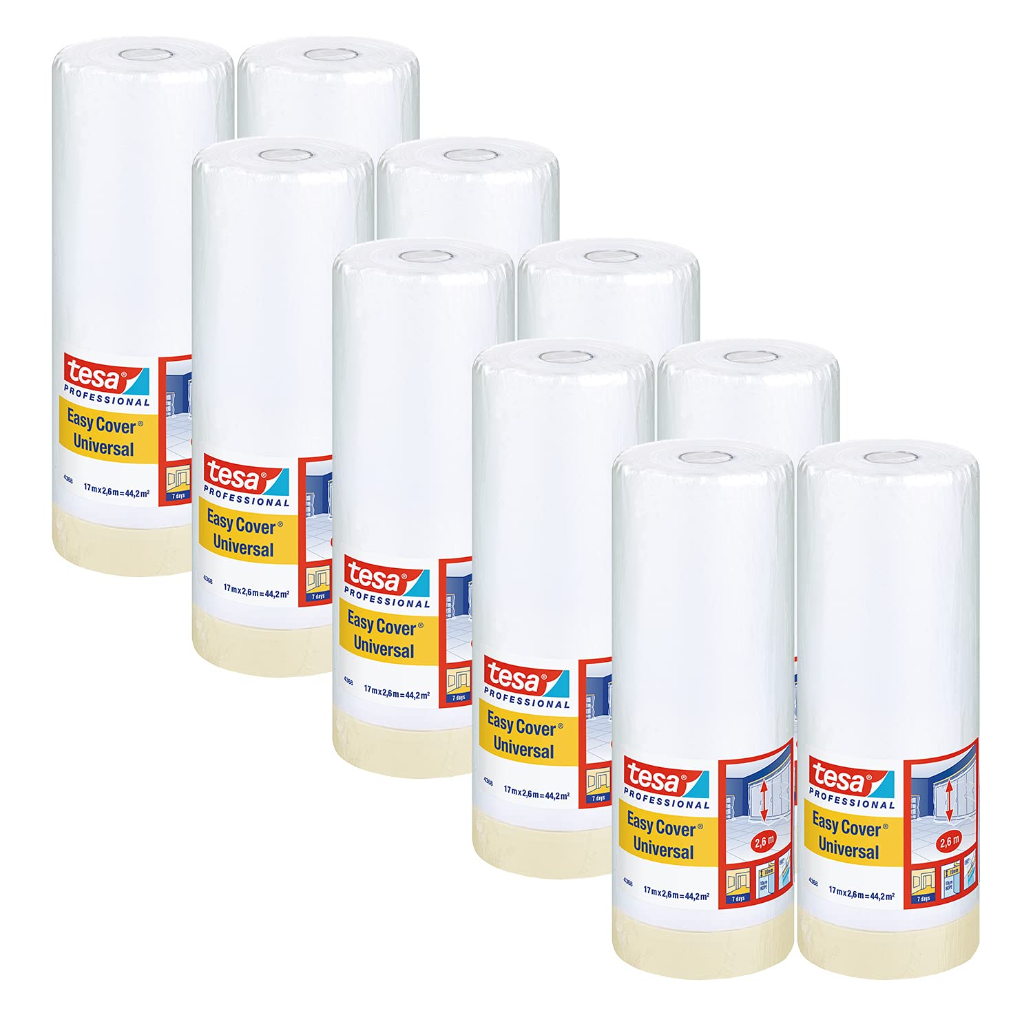 tesa Easy Cover 4368 Universal - 10er Pack - Malerfolie mit Malerband zum Abkleben und Abdecken bei Malerarbeiten im Innenbereich - 2-in-1 Malerkrepp mit Folie - hellbeige, matt - je 17 m x 2,6 m