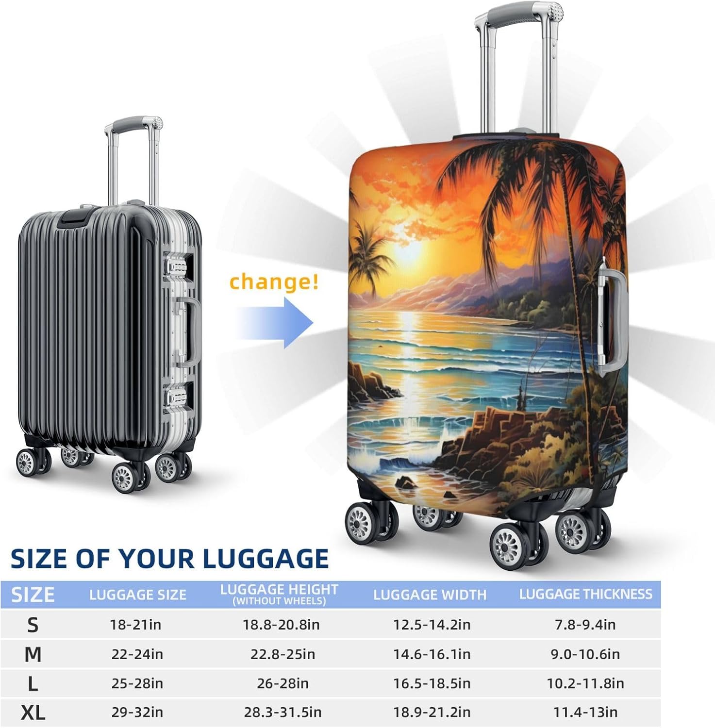 Luggage Cover Protector, Tropical Palm Tree Beach Sunset Elastic Suitcase Covers for Travel, Anti Scratch Dust Covers, Fits 25-28 inch Suitcases