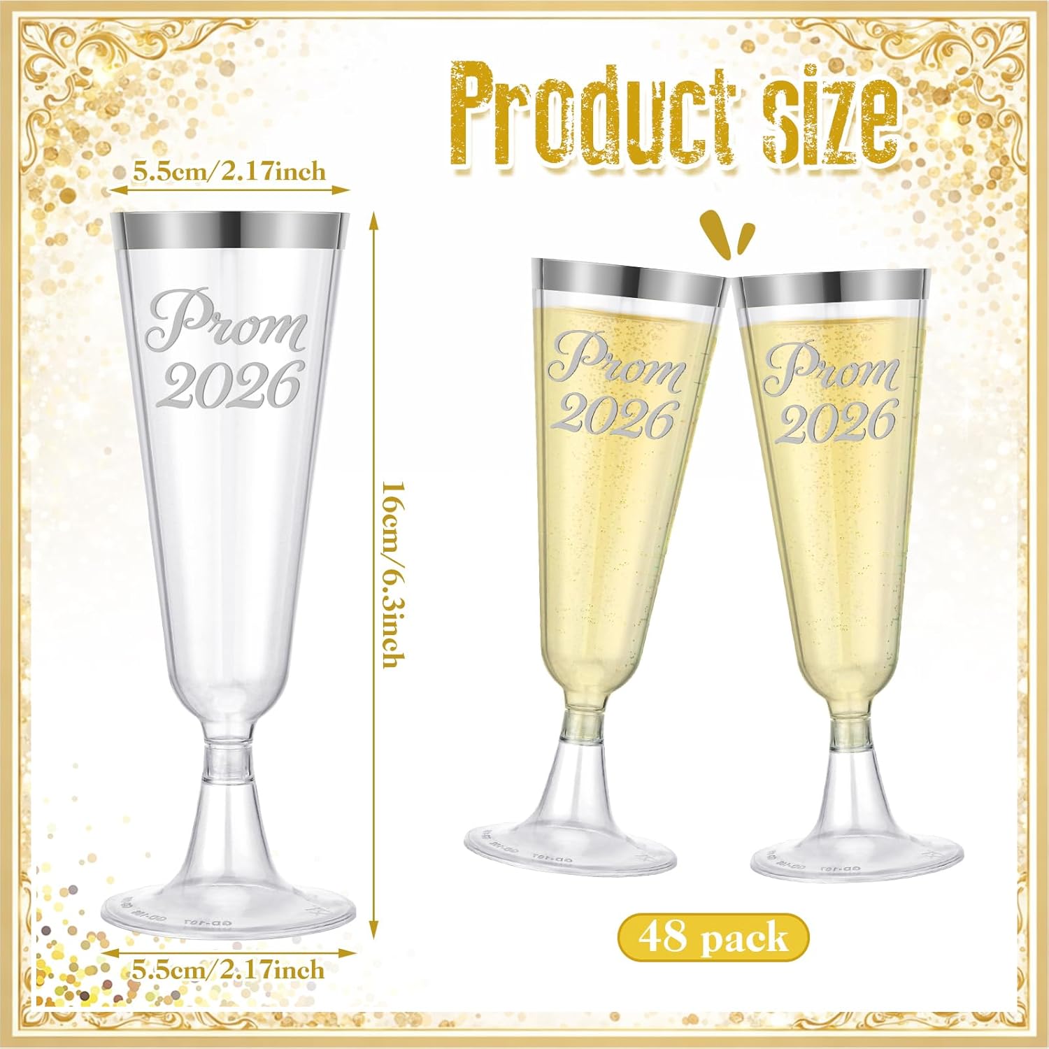 Jingmore 48 Pack Prom 2026 Plastic Graduation Champagne Flutes 5 oz Disposable Graduation Cocktail Cups Transparent Mimosa Glasses Party Favors Drinkware for Graduate Party(Prom 2026,Silver)