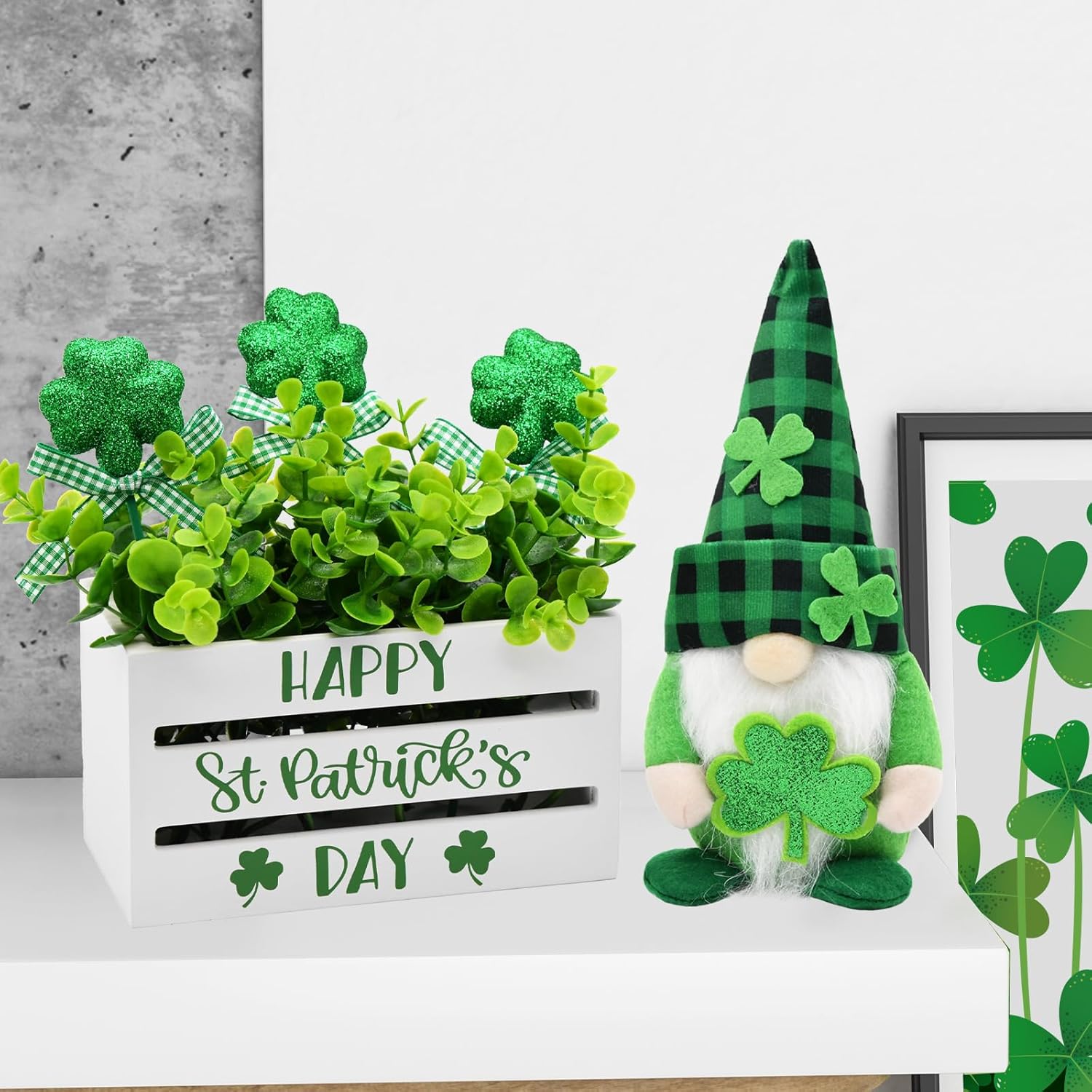 St. Patrick's Day Decorations, St. Patrick's Day Wooden Crate with Gnome, Glitter Shamrock, St. Patrick's Farmhouse Kitchen Table Tiered Tray Decorations for Home