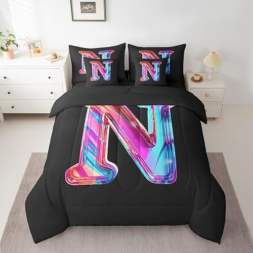 jejeloiu Letter N Comforter Set Twin Size 7 Pieces for Kids Boys Girls Teens