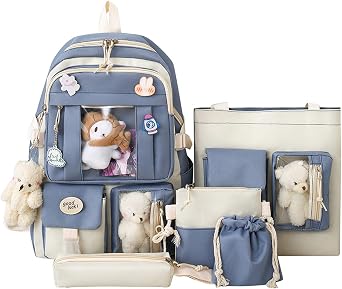 Kawaii Aesthetic School Backpack 5Pcs Combo Set with Cute Bear Pendant Pins Daypack Small Laptop School Bag Essential Kit