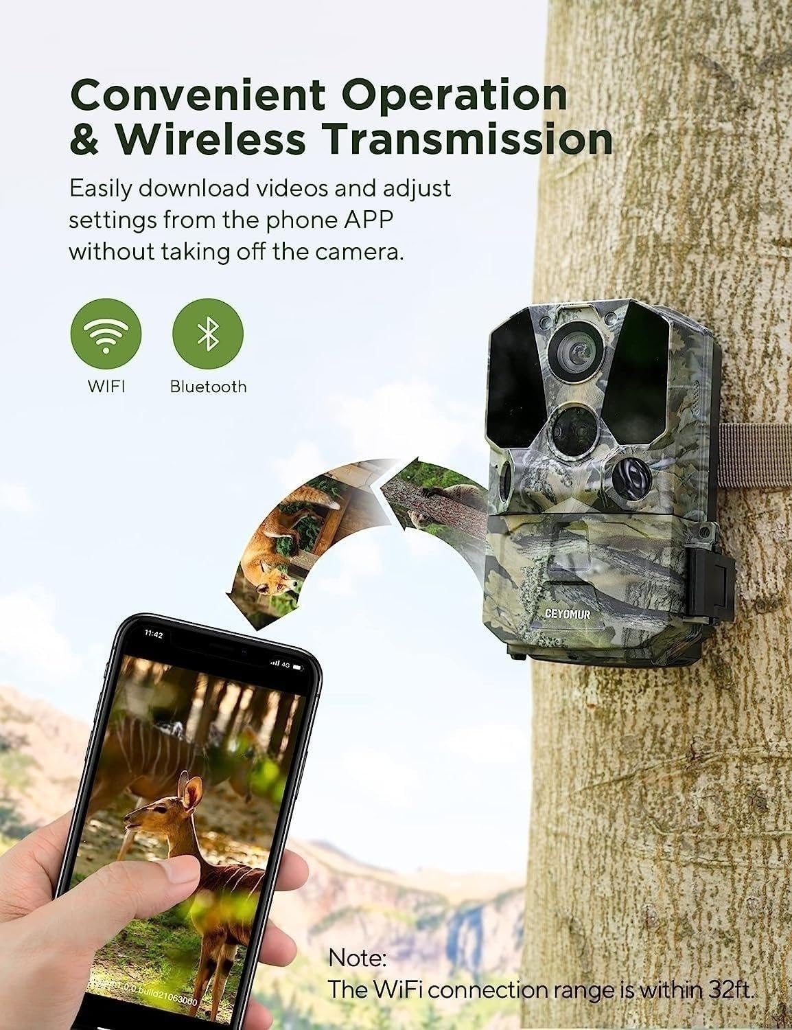 CEYOMUR Trail Camera, WiFi Bluetooth Native 4K 40MP Trail Camera with 120° Motion Sensor 0.2s Trigger Time, Game Camera with Night Vision Motion Activated and IP66 Waterproof for Wildlife Monitoring