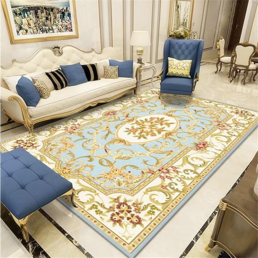 Tapis chambre fille bleu pastel à fleurs pour coin bureau et gamer