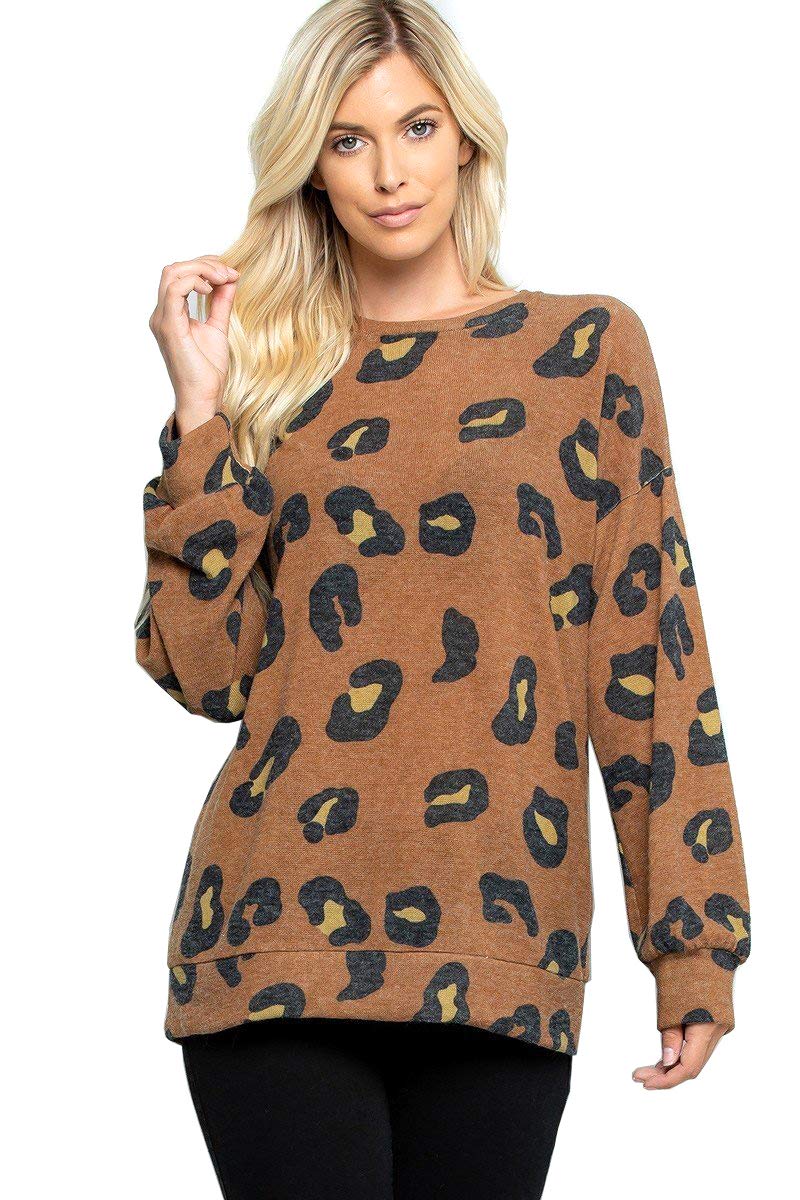 Modern Kiwi Leopard Print Long Sleeve Sweater Knit Loose Fit Tunic Top (S-3X)