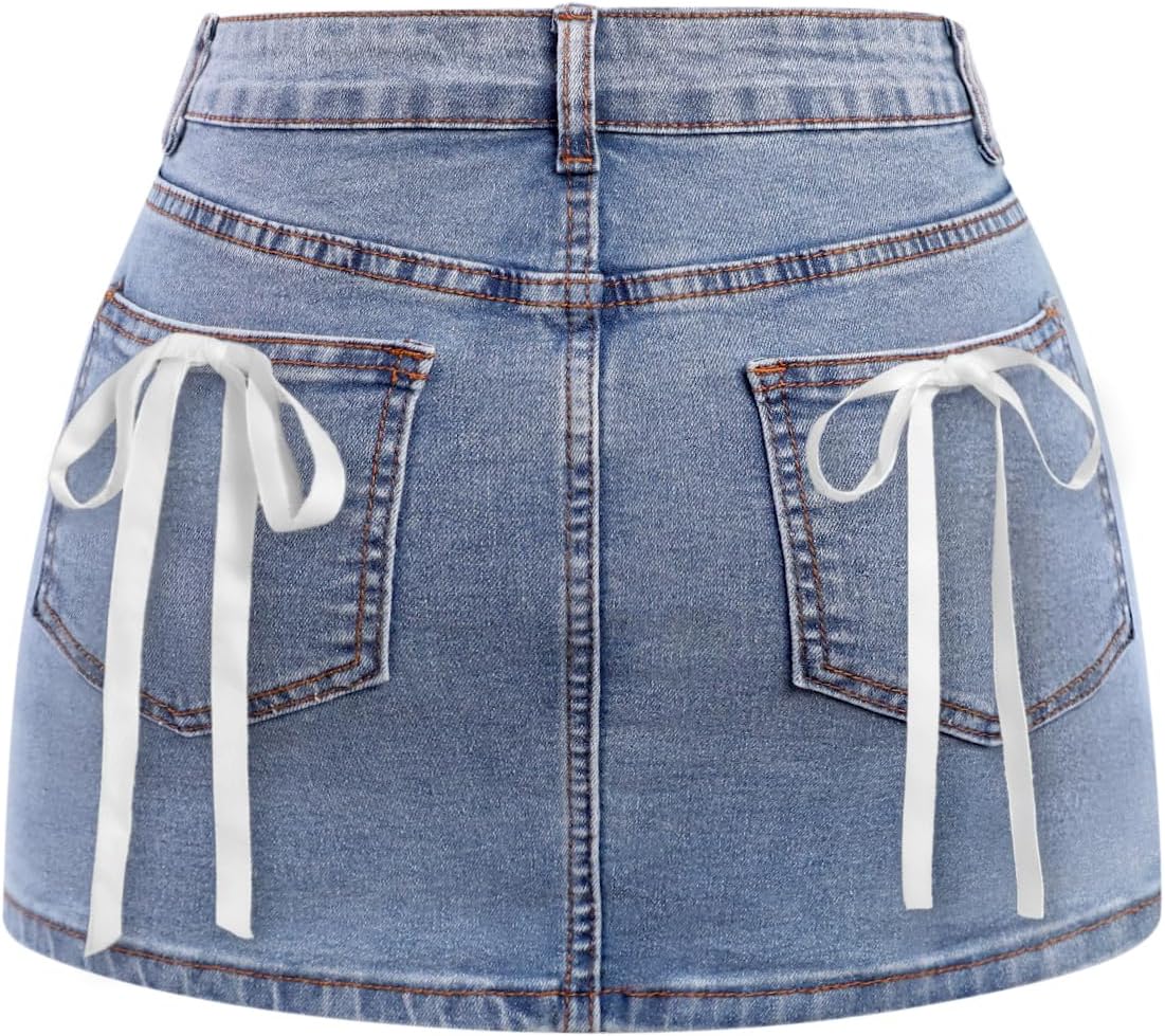 Avanova Women Bow Back Denim Mini Skirt Cute Bodycon Jean Skirt | Bowknot, Washed Denim, Low Waisted, Bodycon Fit, Short Length, Slight Stretch, Club Streetwear, Country Concert
