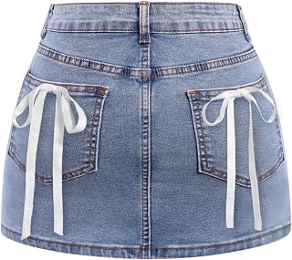 Avanova Women Bow Back Denim Mini Skirt Cute Bodycon Jean Skirt | Bowknot, Washed Denim, Low Waisted, Bodycon Fit, Short Length, Slight Stretch, Club Streetwear, Country Concert