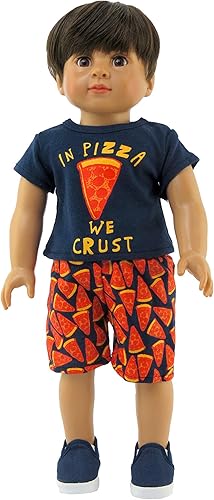 American Fashion World Conjunto de pantalones cortos de pizza para niños de 18 pulgadas | Calidad premium y diseño moderno | Ropa de muñecas | Moda