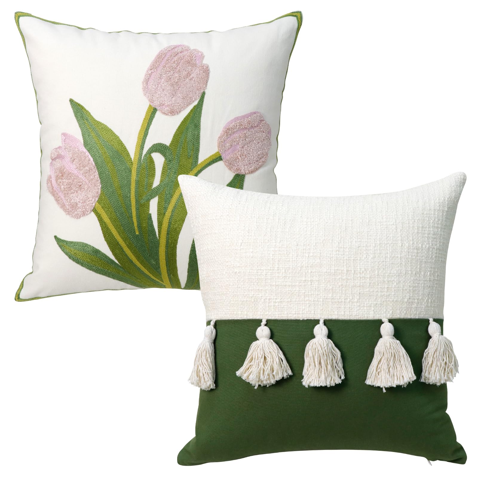Faylapa2 Pack Spring Tulips Throw Pillow Cover,18x18 Inch Decorative Tassels Tulips Embroidered Flowers Pillow Covers,Pillow Cushion Case for Sofa Bed Outdoor Car Home Deco-Spring Style 2
