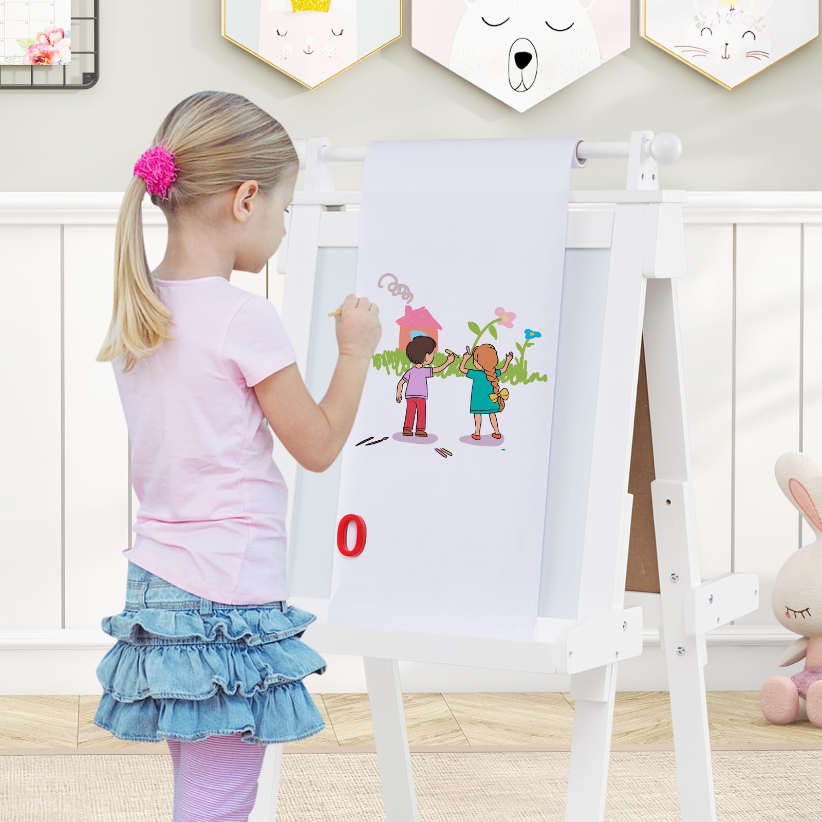 GOPLUS 3 en 1 Tableau Enfant Double Face, Chevalet d'art Enfant Hauteur Réglable, avec Tableau Blanc/Noir Magnétique, Rouleau de Papier, 3 Gobelets à Peinture, 3 Plateaux (Blanc)