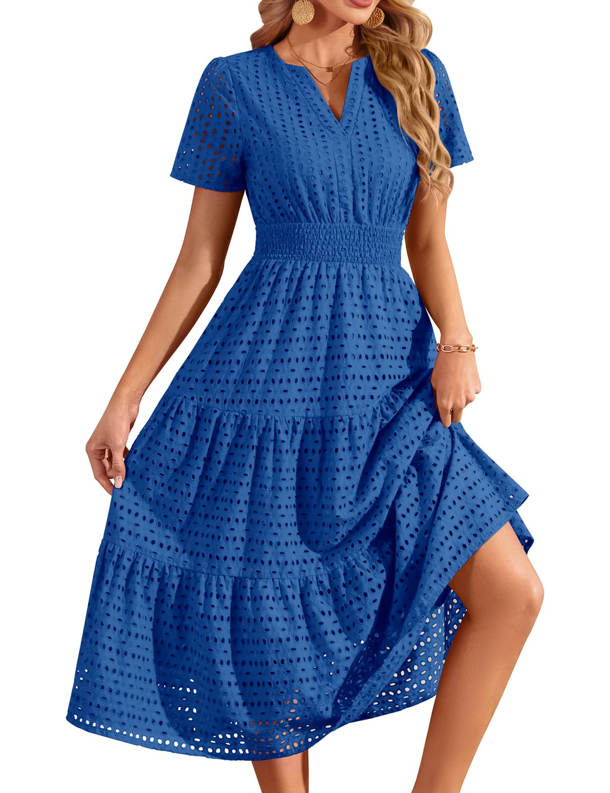 Sommerkleid Damen Lang Baumwolle Kleider Sommer V-Ausschnitt Maxikleid Leicht Luftig Freizeitkleid A-Linie Casual Kurzarm Kleid Strandkleid mit Taschen