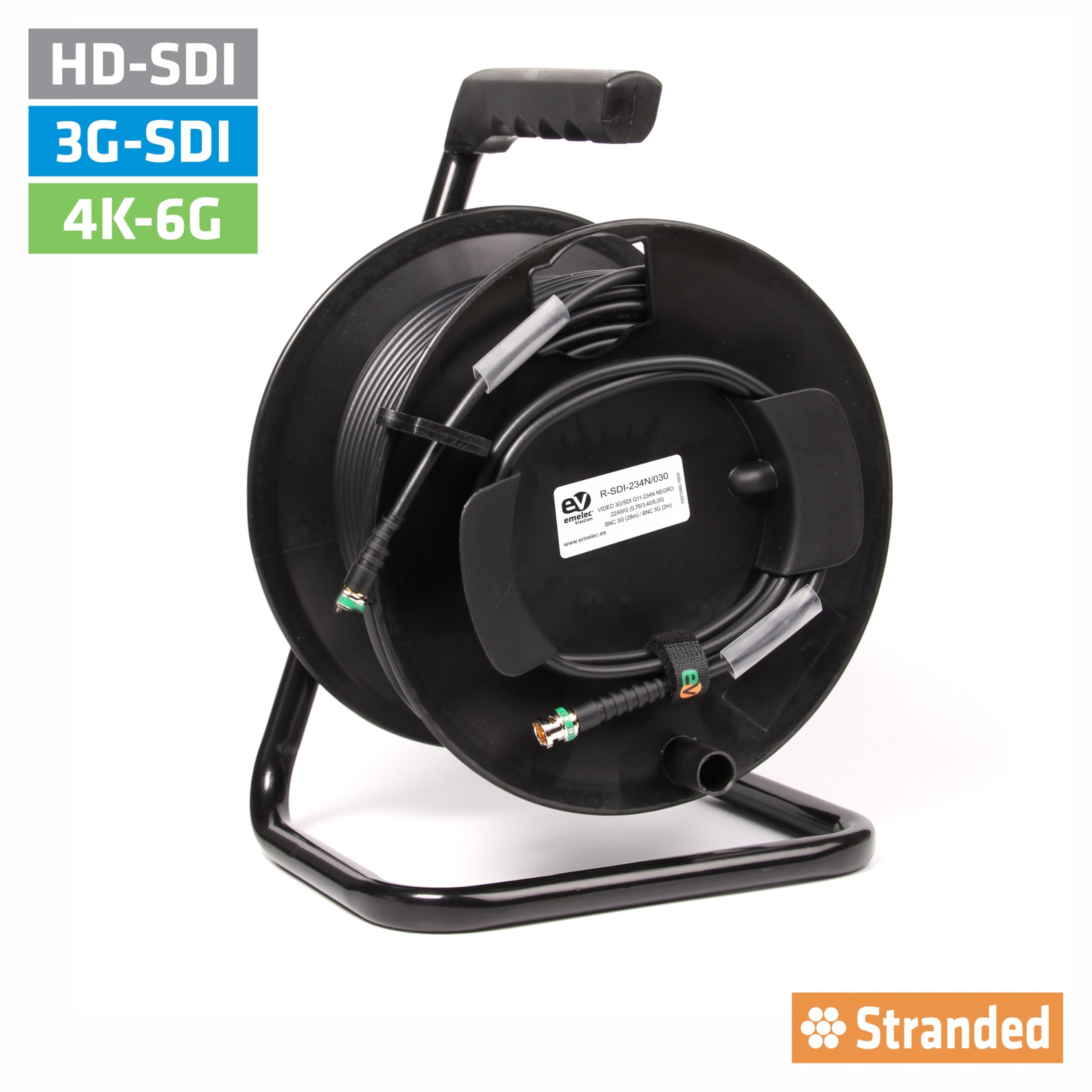 Emelec VíasCom R-SDI-234N/060 – 60m Cable Video 4K-UHD 6G-SDI (0,76/3,40/6,00) montado en Portacables con BNC 4K-UHD – Conductor Multifilar – Color Negro – PVC Flexible