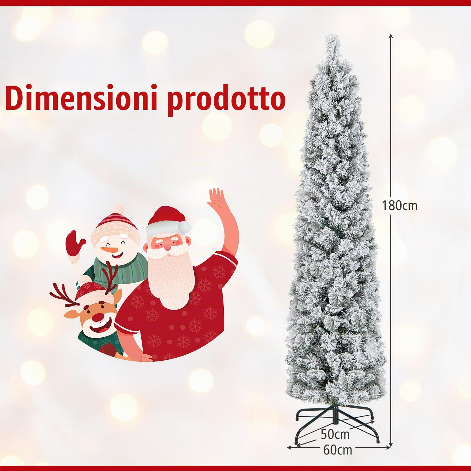 REALAX4LIFE Albero di Natale Slim 180 cm, Albero di Natale Innevato con 150 Luci LED, Rami a Ombrello, Dcorazione per le Feste