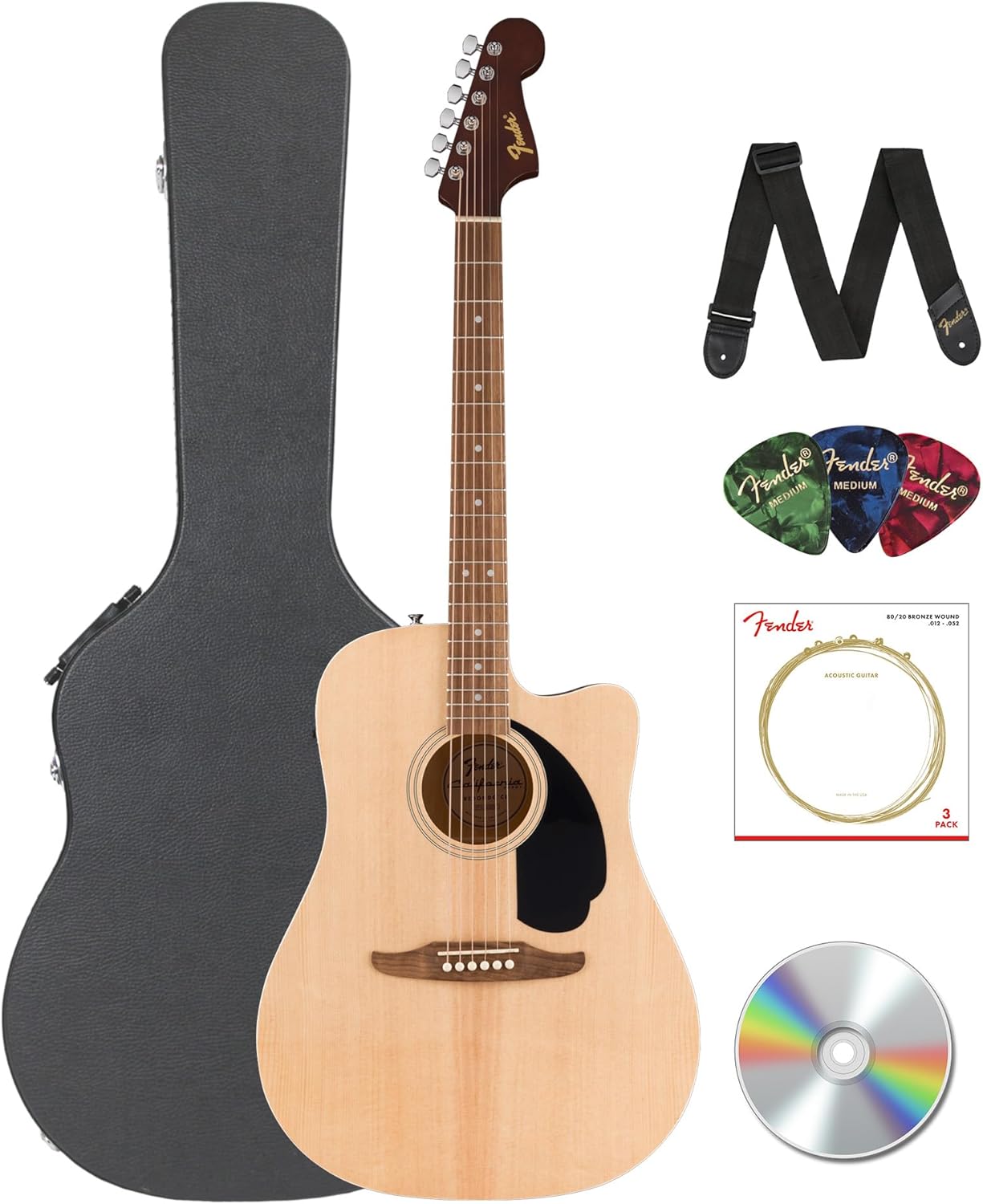 Fender California Redondo CE Dreadnought Acoustic-Electric Guitar - Natural Bundle with Hard Case, Strap, Strings, Picks, and Austin Bazaar Instructional Video
