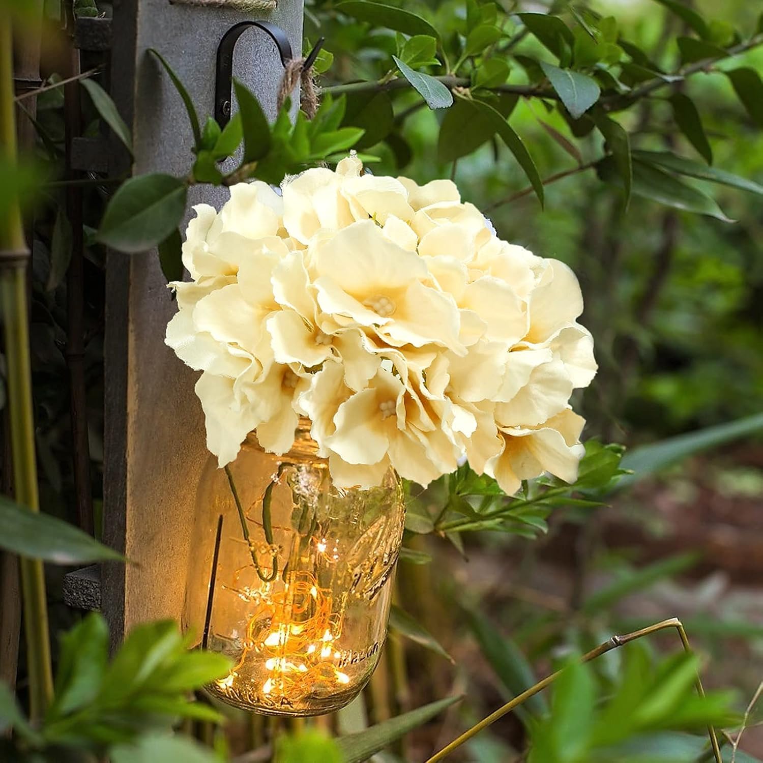 HABOM Rustic Mason Jar Wall Decor Sconces - Decorative Home Lighted Country House Hanging with LED Fairy Strip Lights and Flowers Hydrangea Farmhouse Sconce Jars (Set of 2)