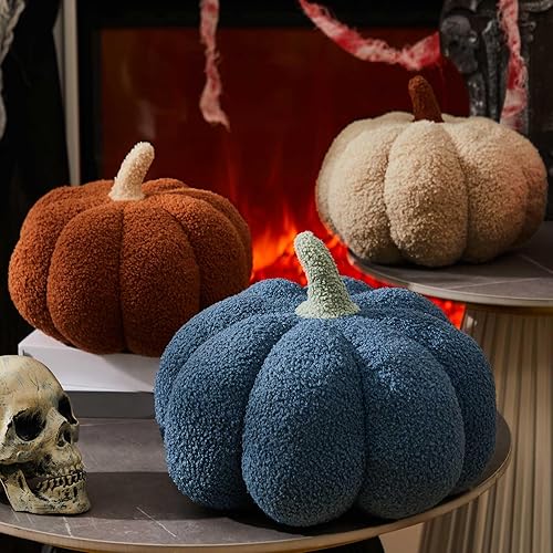 Miniatura 5 de Juexica 3 almohadas de calabaza de peluche esponjosas en 3D con forma de calabaza decoración de otoño, Acción de Gracias, Halloween, cojín de
