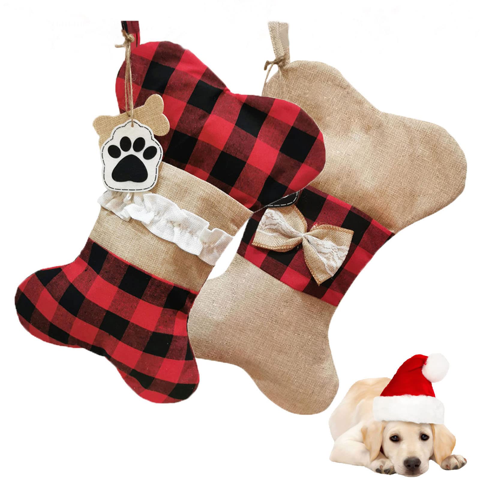 ALLYE Pet Christmas Stockings 2 Packs, Dog Cat Large Plaid Burlap Xmas Stockings for Tree Decorations, Fireplace Hanging Stockings Ornaments Sack Gift Bags (Bone Shape)