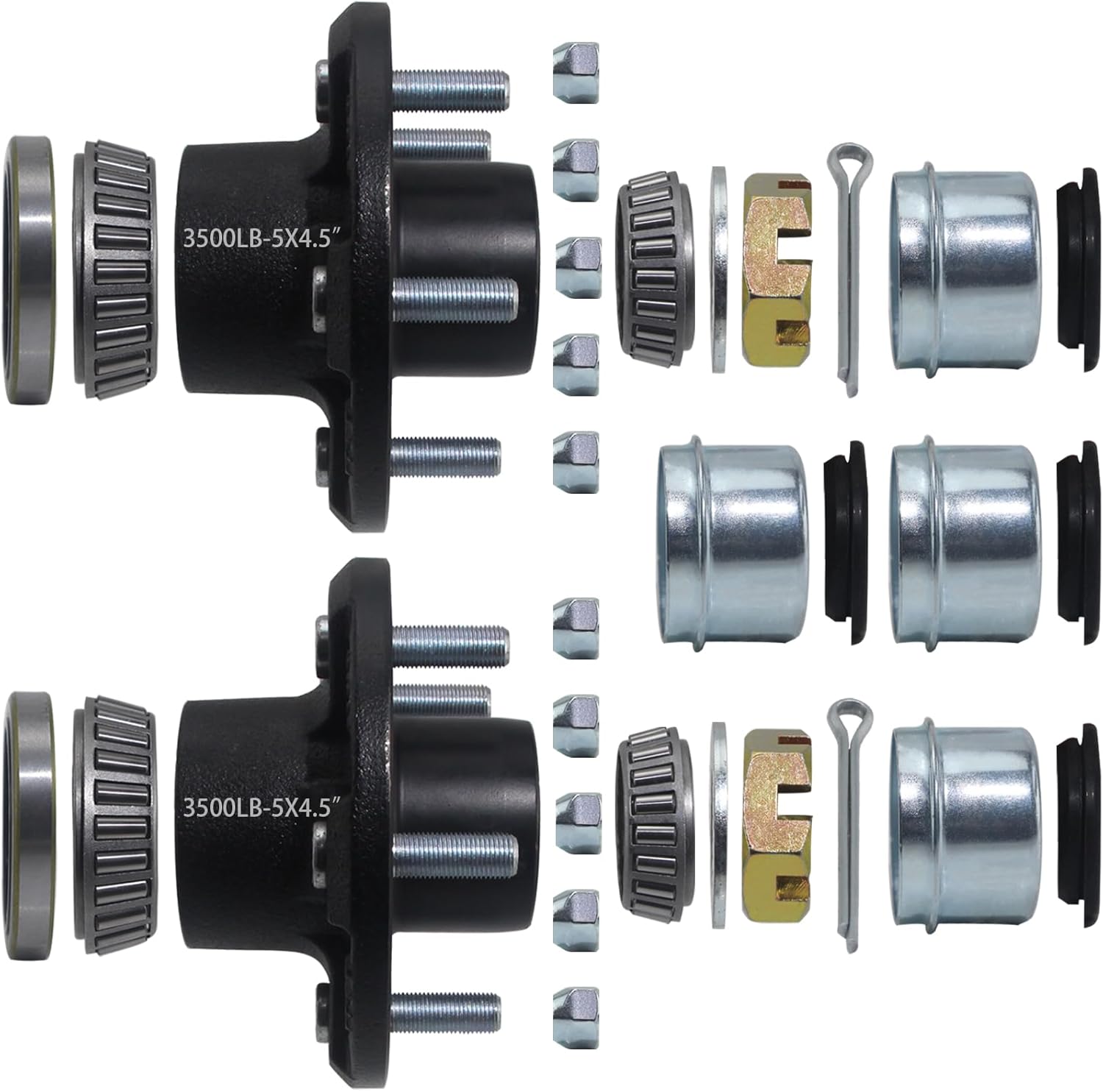 2 Sets 3500lb Trailer Hub Kit 5 Bolt 4.5, Trailer Axle Kit for 3500 lb 5 Lug Diameter 6.34" Trailer Hub with L44649(I.D 1-1/16'') L68149(I.D 1-3/8'') Bearing Extra Dust Cap and Rubber Plug