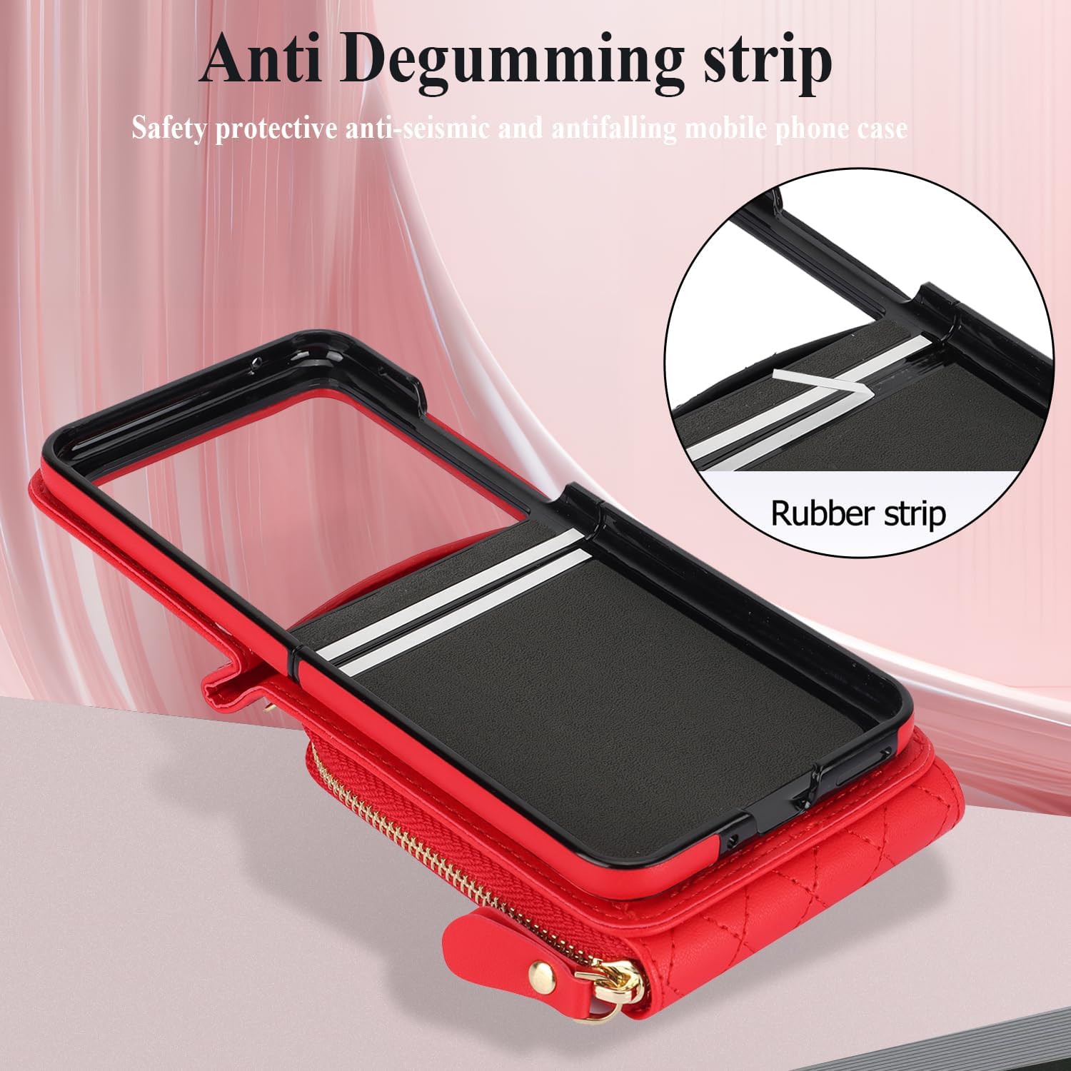 for Motorola Moto Razr 2024 Wallet Case with Crossbody Strap, Premium PU Leather Large Capacity Card Slot RFID Blocking Zipper Flip Cover Hard PC Bumper Case for Motorola Razr 50 2024 Red