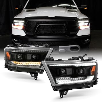 AKKON - Fits 2019-2022 RAM 1500 [Halogen Type] Black Headlights Pair w/LED High&Low Beam + Sequential Signal + Running Tube
