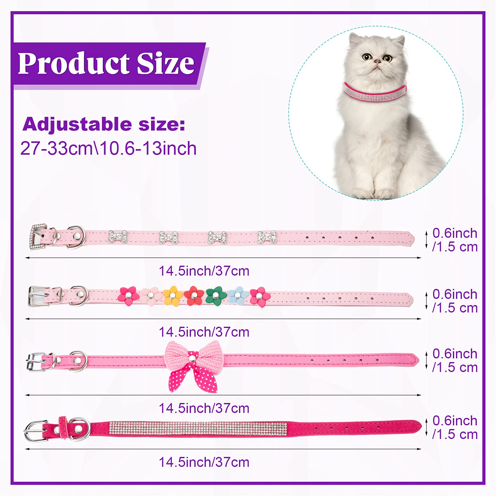 4 Pcs Pink Dog Collar Spiked Studded Dog Collars Pearls Dog Necklace Dog Collar with Rhinestone Bow Knot Crystal Diamond Colorful Flower Bling Girl Dog Cat Collars for Dogs(Novel Style,Small)