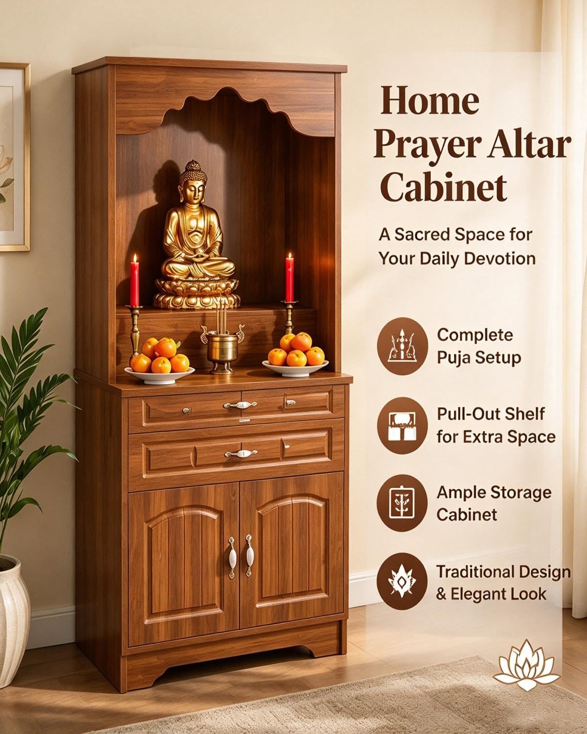 Meuble-autel/Pooja Mandir pour La Maison : Meuble avec Plateau Coulissant pour Les Rituels, Idéal pour La Prière Quotidienne, L'encens Et Les Offrandes